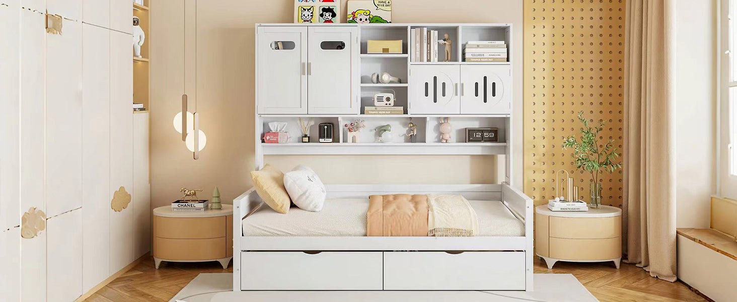 Full Size Wooden Daybed With 2 Drawers, And All In One Cabinet And Shelf, White Full White Wood