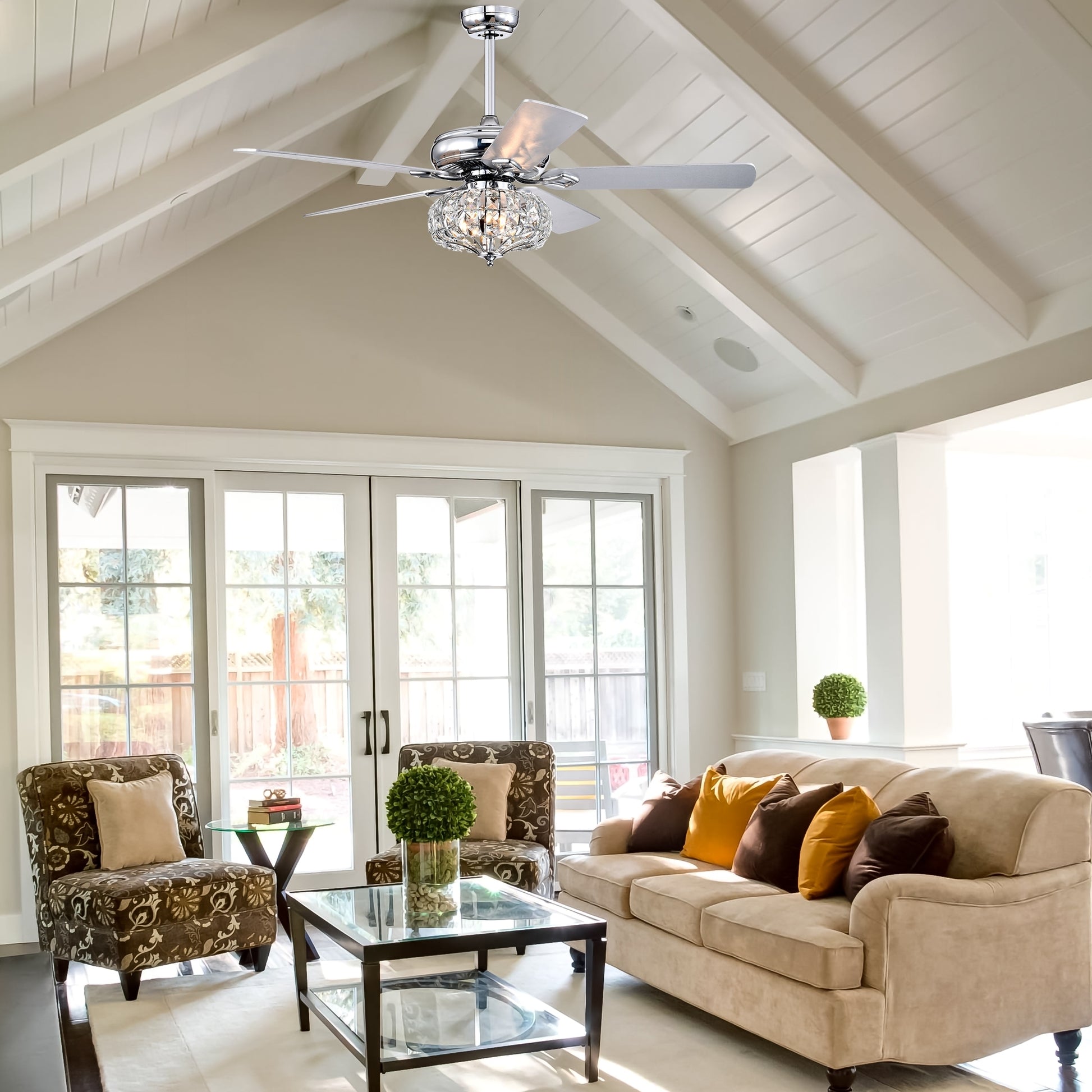 52'' Crystal Shade Ceiling Fan Lamp With Remote Control 3 Speed High, Mid, Low 5 Reversible Blades For Living Room, Dining Room, Bedroom, Family Room, Chrome ,3Pcs*E26 No Include Bulb Chrome American Traditional,Antique,Classic,Contemporary Crystal Metal