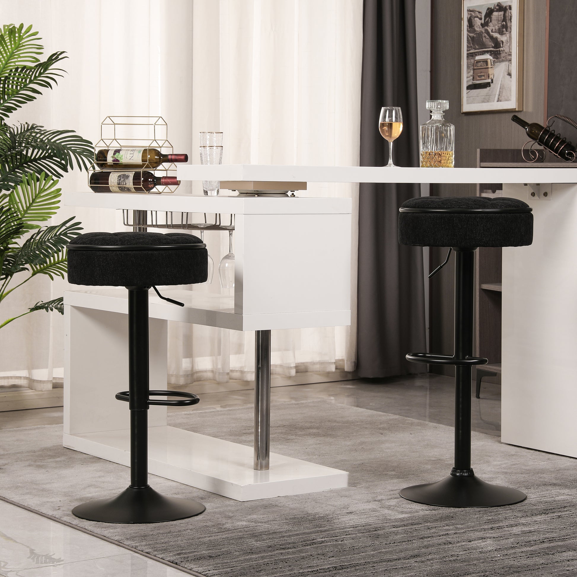 Round Storage Bar Stool Set Of 2, Black Linen Height Adjustable Barstool, 360 Counter Height Swivel Stool, Armless Bar Chair With Metal Frame For Kitchen Counter Dining Living Room Black Set Of 2 Foam Linen