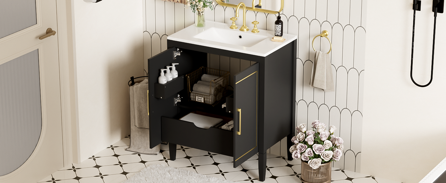 30 Inch Bathroom Vanity With Ceramic Basin, Soft Close Door, Built In Hidden Drawer Black Bathroom Solid Wood Mdf