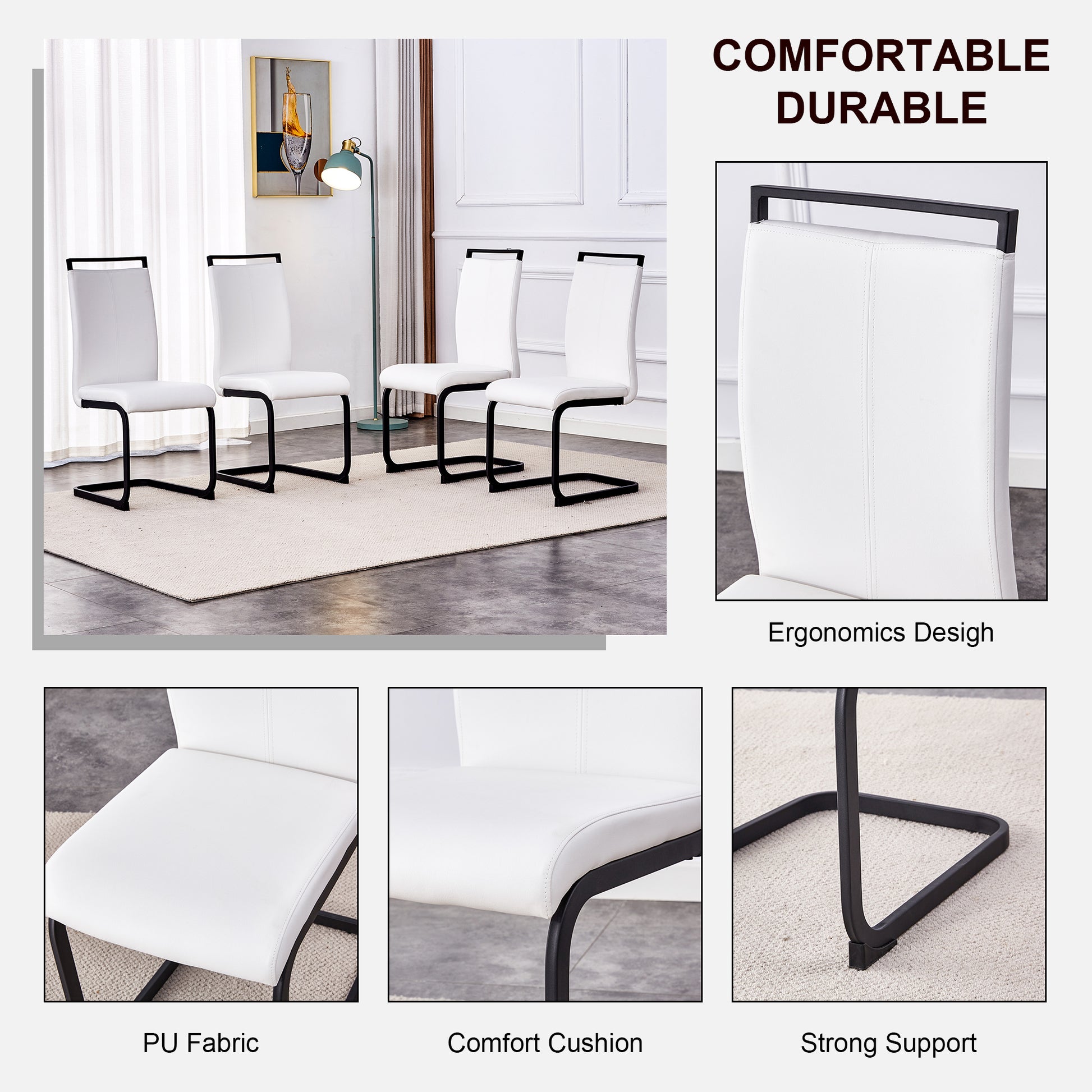 Table And Chair Set. Large Modern Rectangular Table With Brown Glass Top And Black Metal Legs. It Is Equipped With Soft And Comfortable Pu Seats, Faux Leather Upholstered Seats, And Sturdy Metal Legs. White Seats 4 Glass Metal