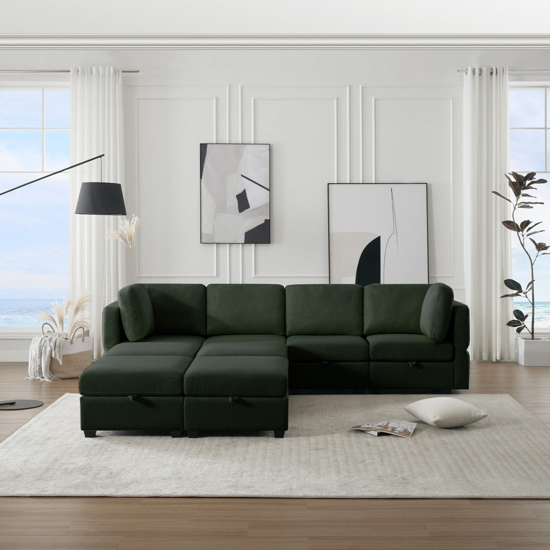 Modular Convertible U Shaped Sectional Sofa Couch With Storage Ottoman Corner Couch For Living Room, Adjustable Arms And Backs Green Green Polyester 4 Seat