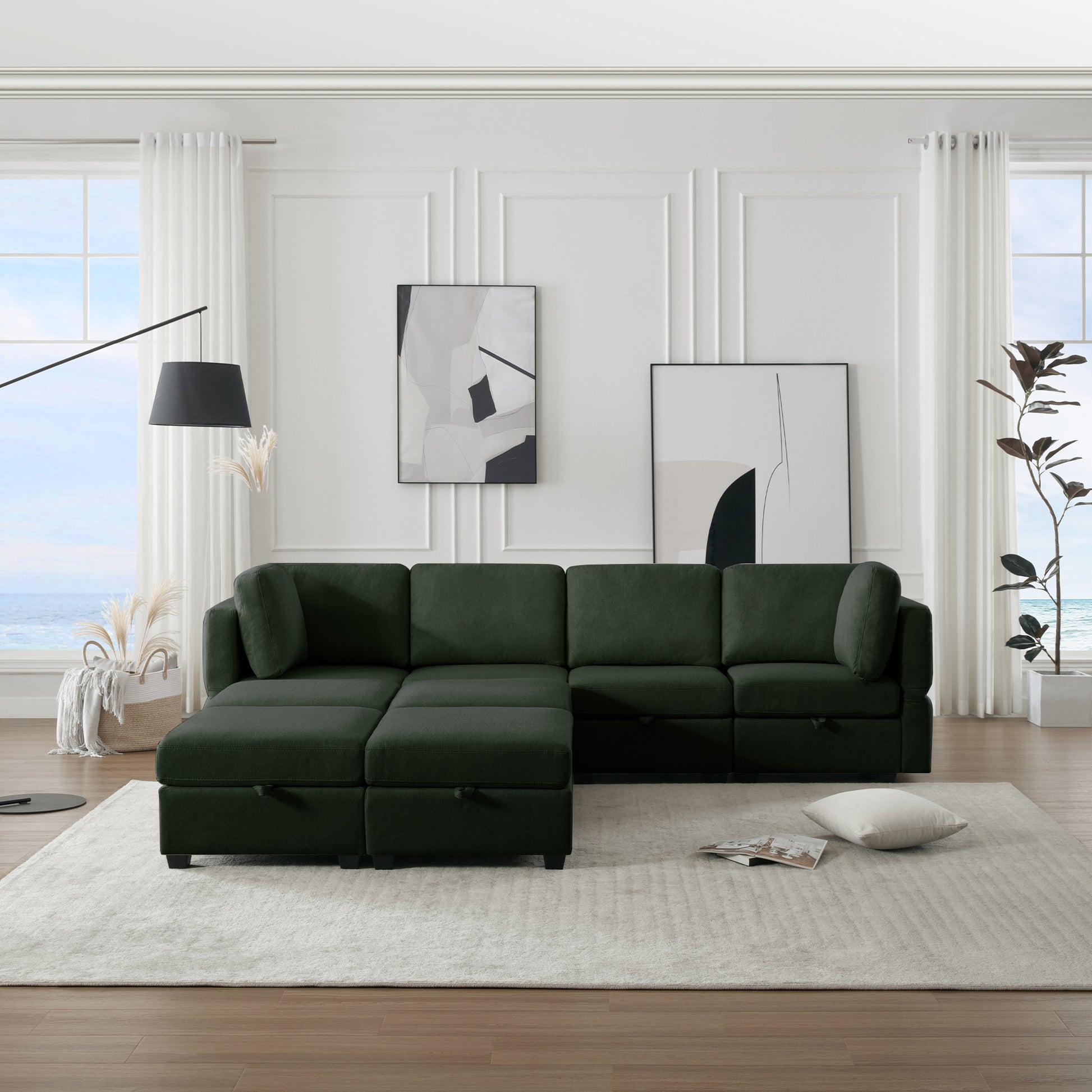 Modular Convertible U Shaped Sectional Sofa Couch With Storage Ottoman Corner Couch For Living Room, Adjustable Arms And Backs Green Green Polyester 4 Seat