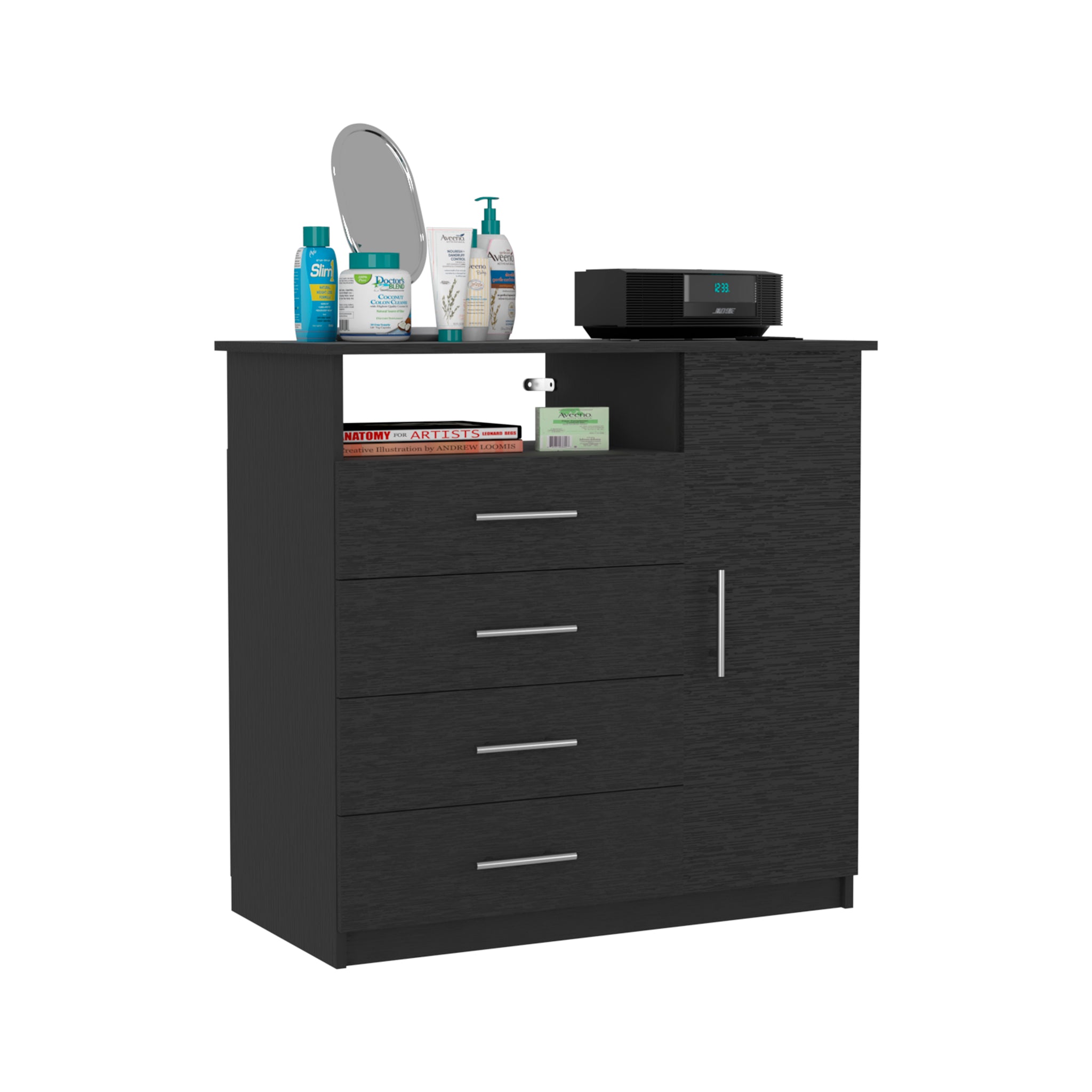 4 Drawer Dresser, One Open Shelf, Superior Top, Single Door Cabinet, Black Black Solid Wood MDF Engineered Wood 4 Drawer Dresser, One Open Shelf, Superior Top, Single Door Cabinet, Black Black Solid Wood MDF Engineered Wood