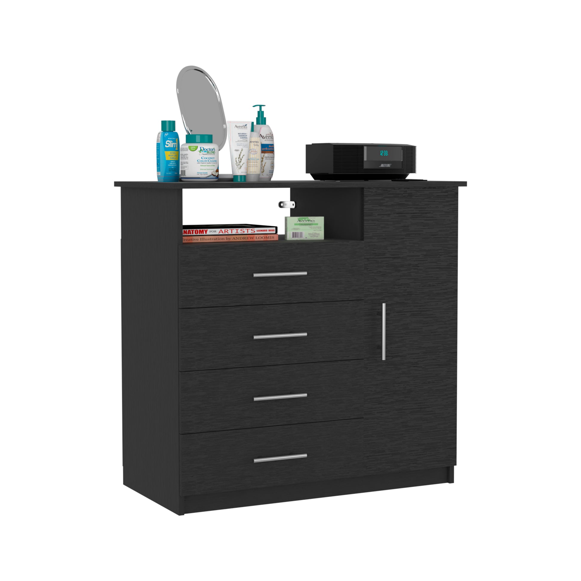 4 Drawer Dresser, One Open Shelf, Superior Top, Single Door Cabinet, Black Black Solid Wood Mdf Engineered Wood