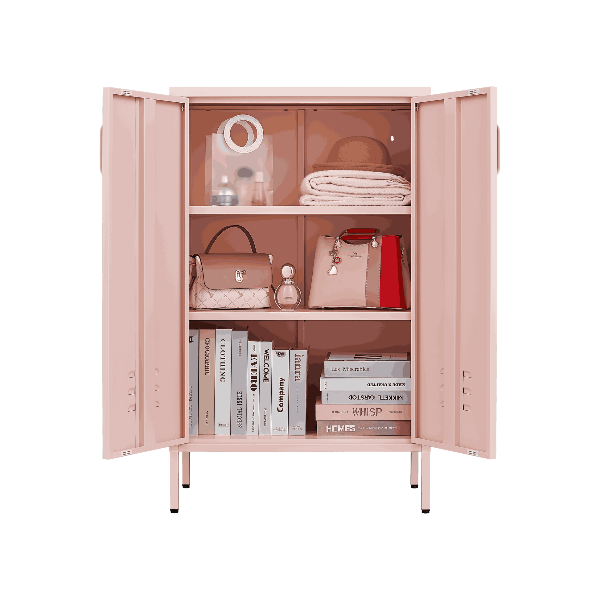 Pink Steel Double Door Cabinet With Handles, With Removable Dividers And Adjustable Height. Suitable For Living Room, Office, Bedroom, Study And Other Places. 3 4 Shelves Pink Metal