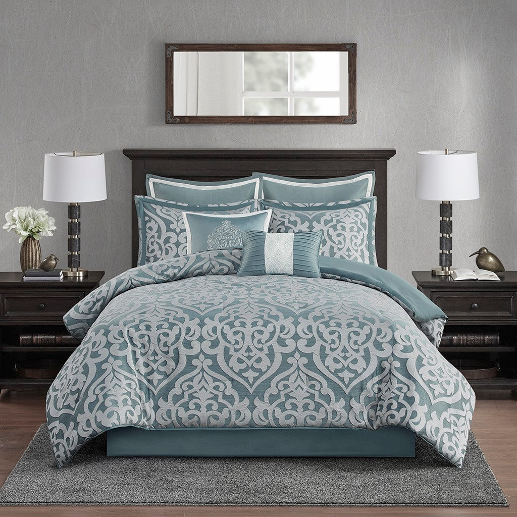 8 Piece Jacquard Comforter Set Aqua Silver King King Aqua Silver Polyester