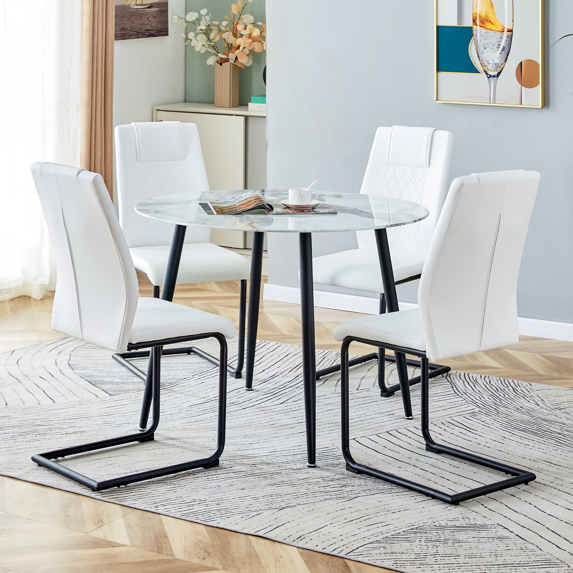 Table And Chair Set. Large Modern White Imitation Marble Patterned Round Table With Black Metal Legs. Nice Minimalism, Comfortable Seats And Black Metal Legs. White Black Seats 4 Glass Metal