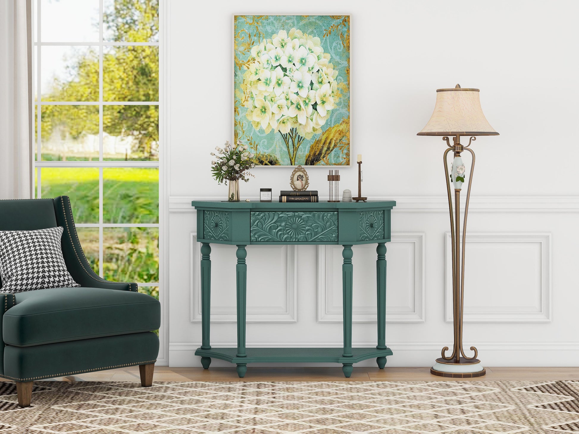 1 Drawer End Table,Side Table,Elegant Carved 1 Drawer End Table For Living Room Bed Room Study Entryway Dark Green American Design Mdf