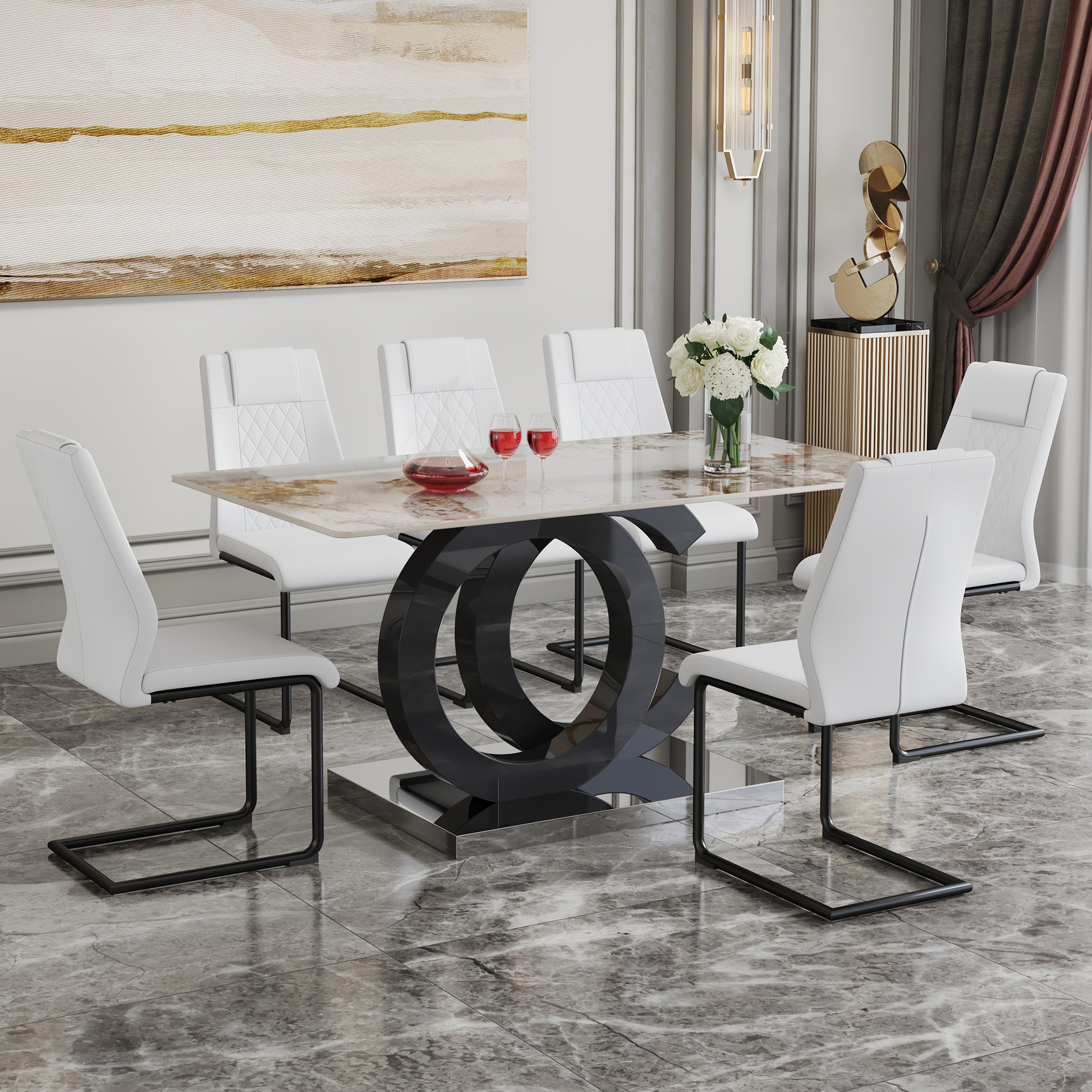 Table And Chair Set.63"X31.5" Marble Pattern Sintered Stone Table With Mdf Oc Shaped Bracket.Paired With 6 White Pu Chairs With Black Metal Legs.Suitable For Kitchen,Dining Room,Etc. White Black