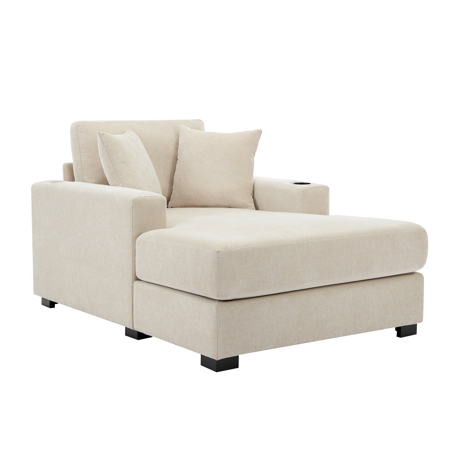 43.5" Oversized Chaise Lounger Modern Style Sofa Couch ,With Pillows, Charge Station & Cup Holders, Chenille Fabric, Cream Cream Chenille