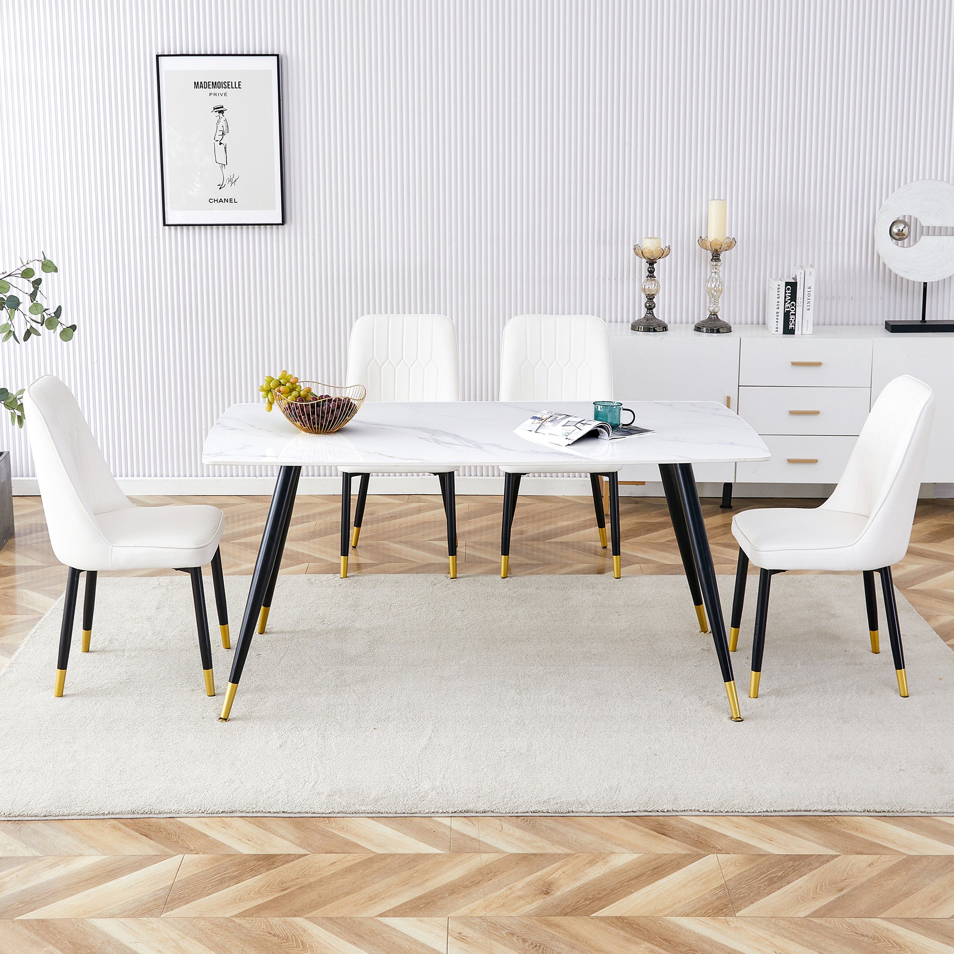 Modern Minimalist Dining Table. White Imitation Marble Pattern Sintered Stone Desktop With Black Metal Legs.62.2"*34.6"*30" F 001 Black Gold Sintered Stone