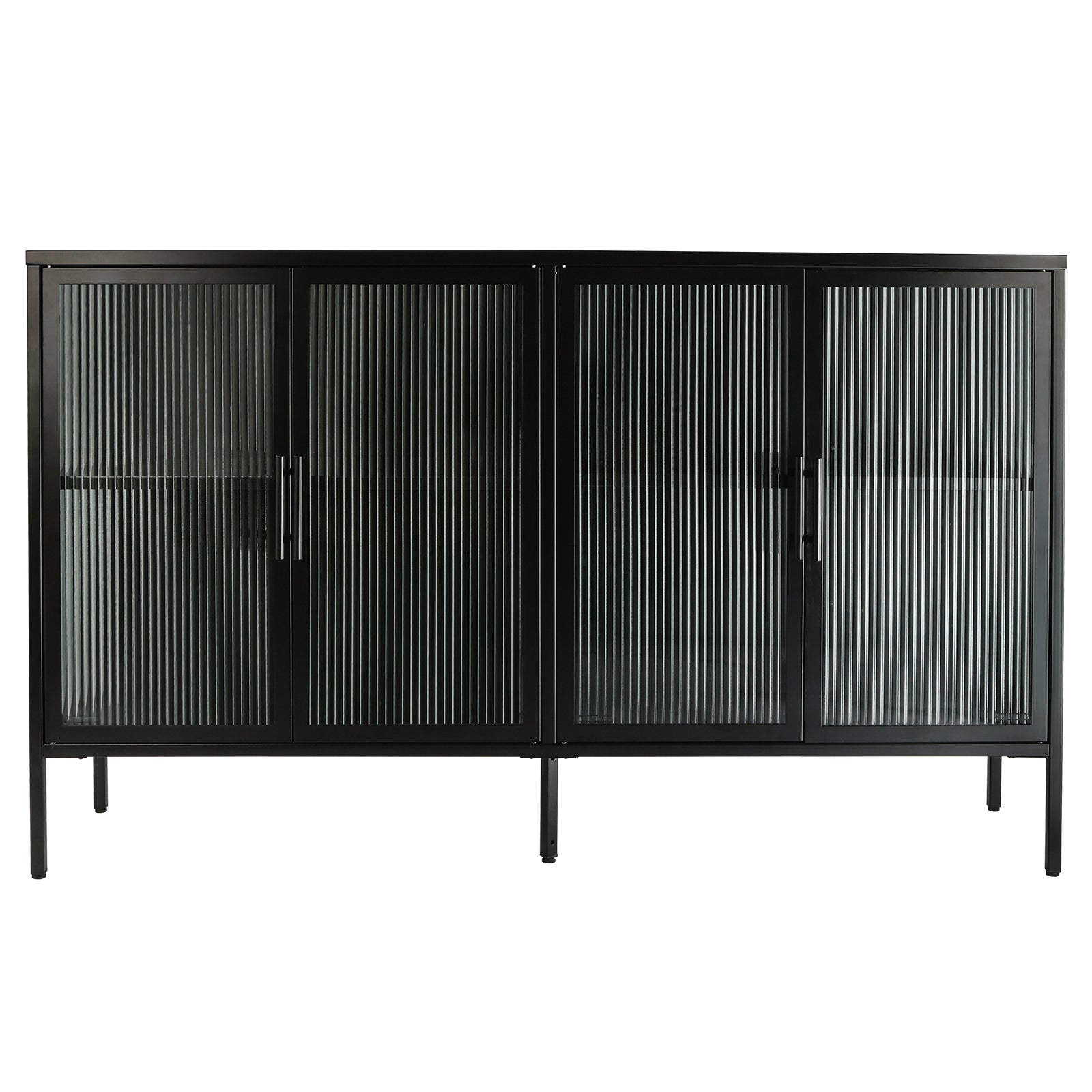 Stylish 4 Door Tempered Glass Cabinet With 4 Glass Doors Adjustable Shelf And Feet Anti Tip Dust Free Fluted Glass Kitchen Credenza Black Black Tempered Glass Sheet Metal Plastic