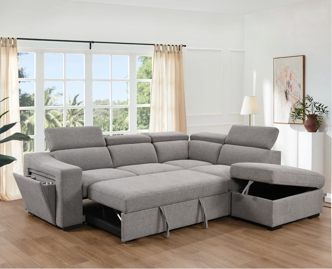 105"L Shape Sectional Sofa With Pull Out Bed And Ottoman Storage Space, Convertible Sleeper Couch, Arm With 1 Cup Holders And Wirelessly Charged, For Living Room, Apartment, Light Gray Light Brown