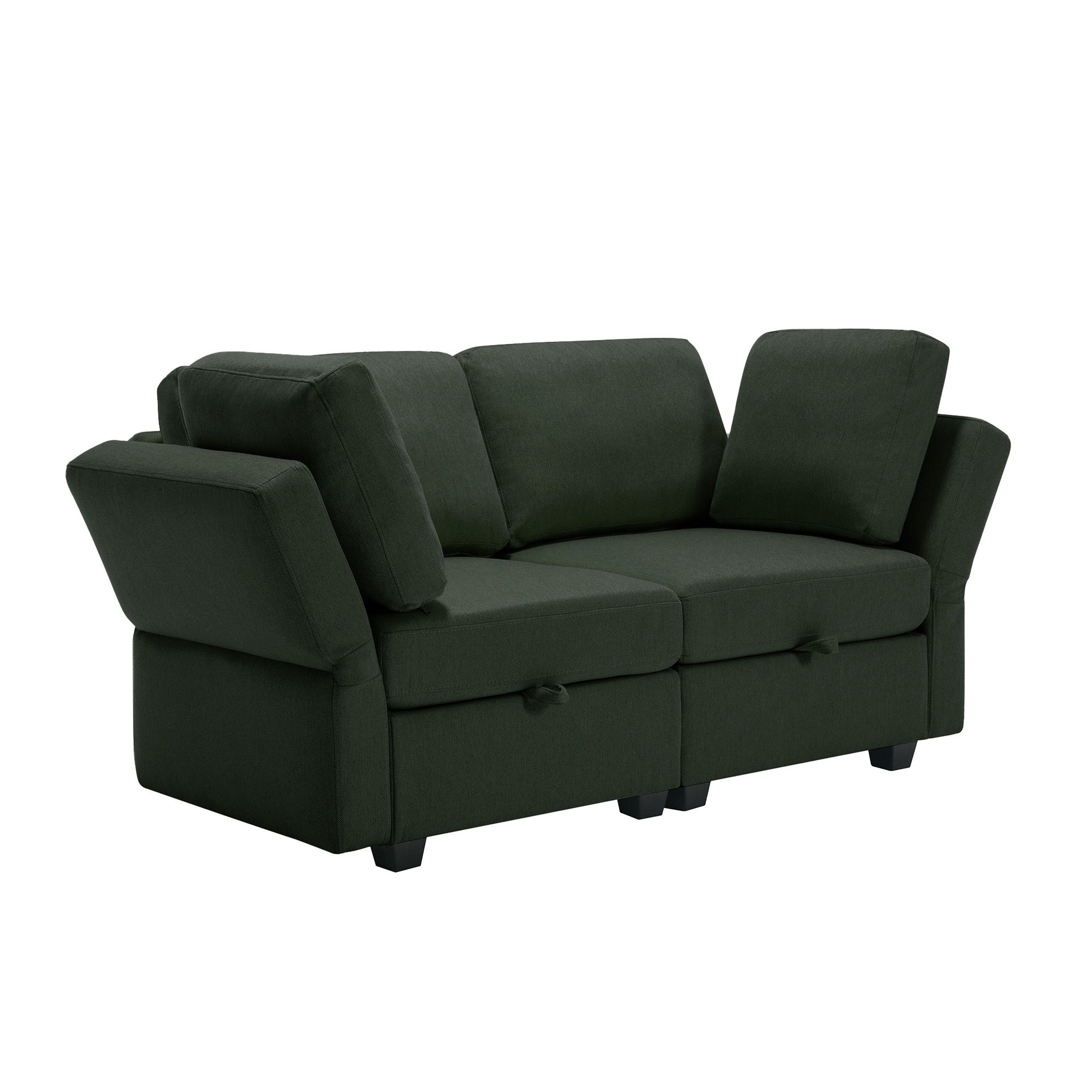 Contemporary Modern Chic Upholstered Fabric Sofa With Storage Seats And Storage Ottomans, 2 Seater Sofa Fabric Couch With Adjustable Arms And Backs For Living Room Green Green Polyester 2 Seat