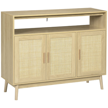 Homcom Boho Sideboard Buffet Cabinet With Rattan Doors, Natural Natural Wood Particle Board