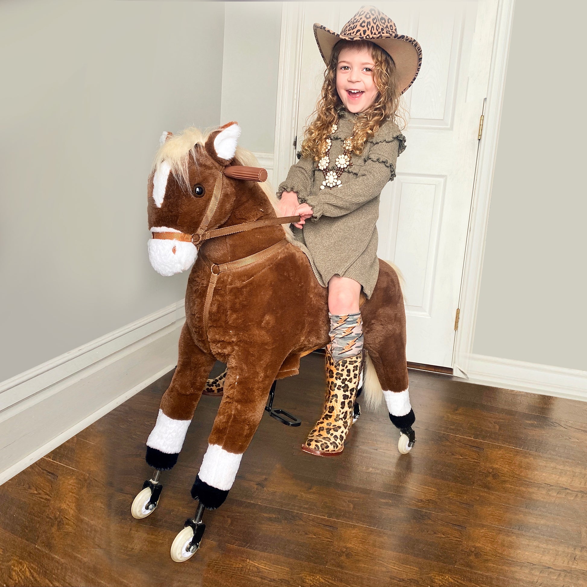 Qaba Kids Ride On Walking Horse With Easy Rolling Wheels, Soft Huggable Body, & A Large Size For Kids 5 16 Years Brown Plush