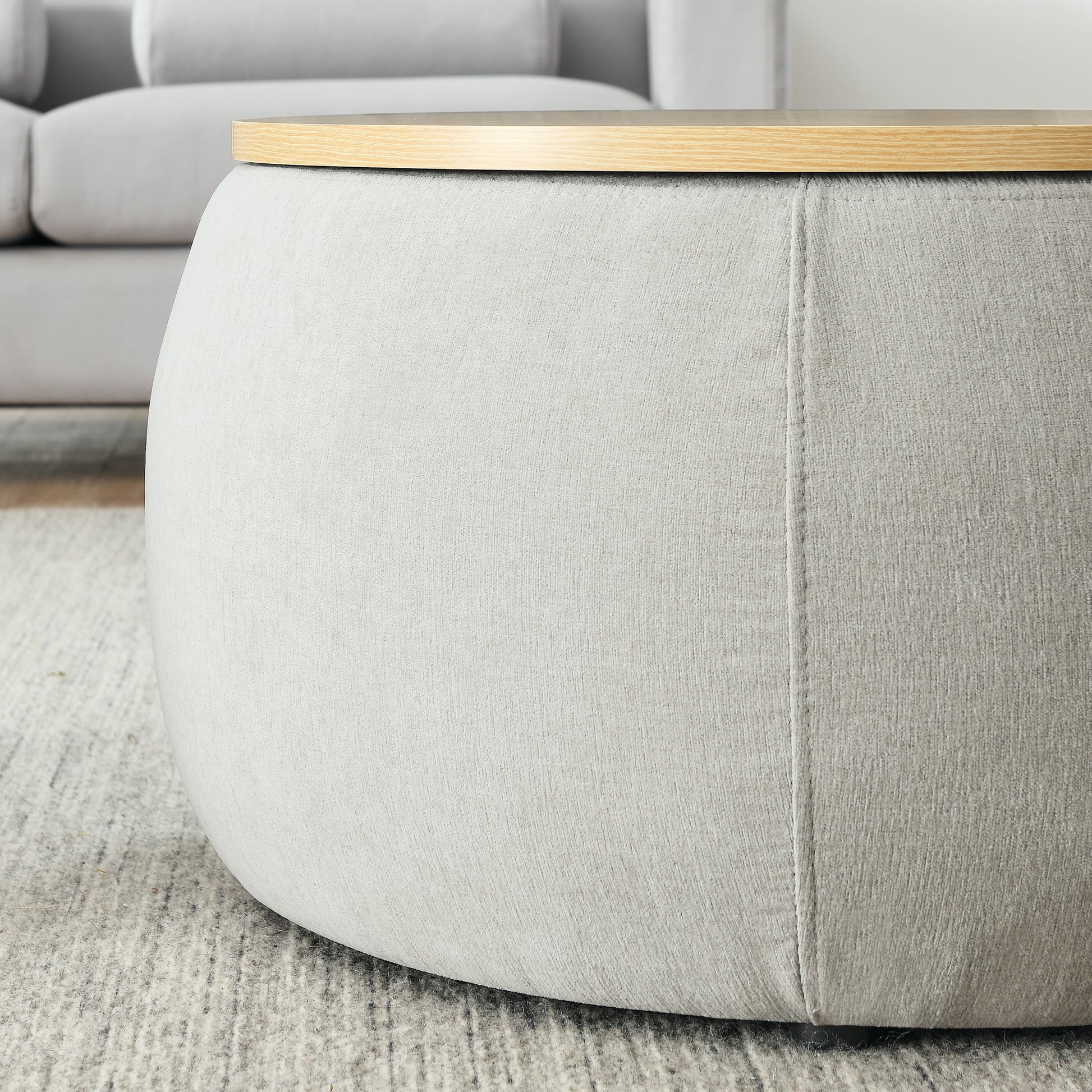 Round Storage Ottoman, 2 In 1 Function, Work As End Table And Ottoman,With Small Seat,Light Grey 25"X25"X14.7" Light Grey Foam