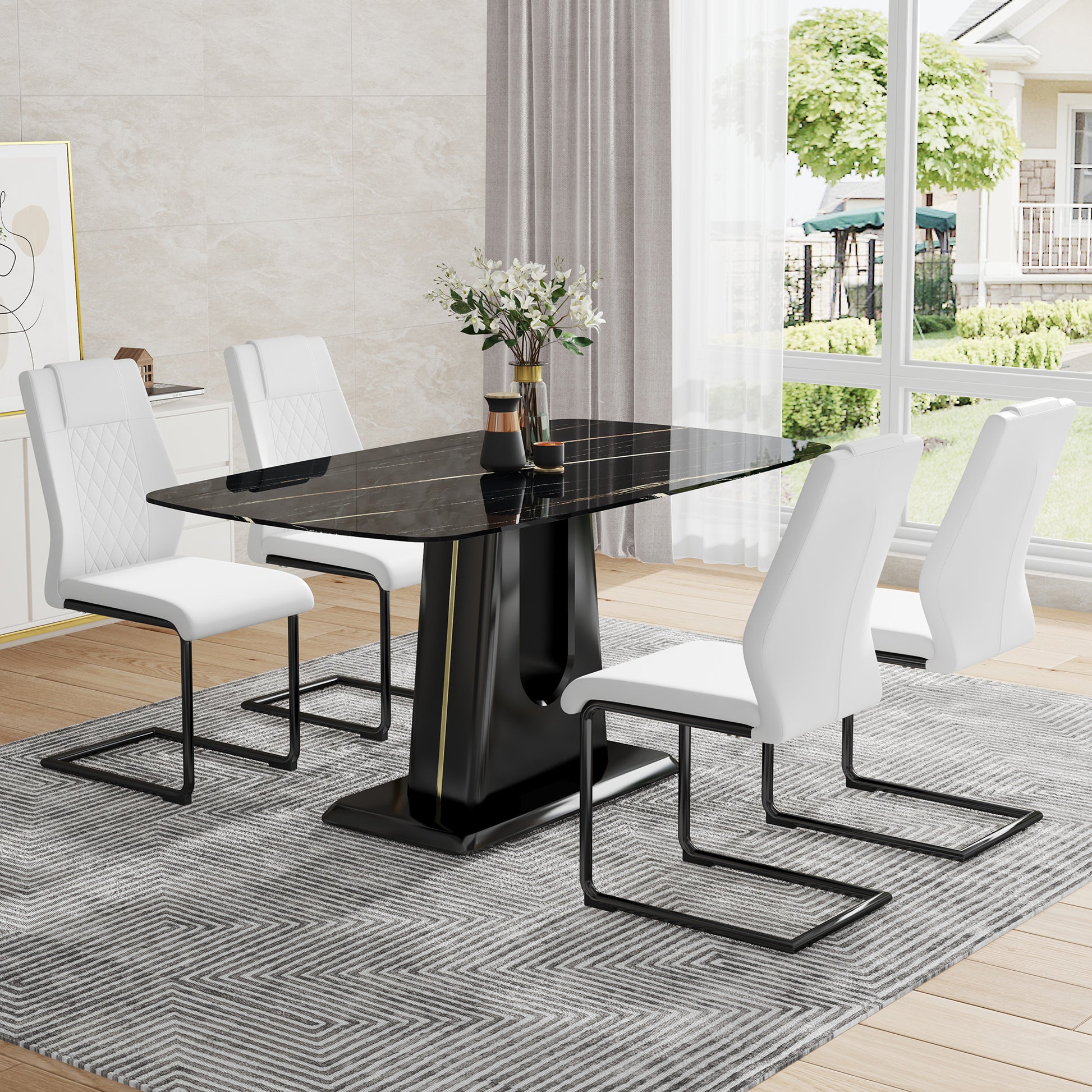 Table And Chair Set, Minimalist Dining Table, Imitation Marble Patterned Glass Tabletop, Mdf Legs With U Shaped Brackets. Paired With Comfortable Chairs, Suitable For Dining And Living Rooms. Black Mdf Glass