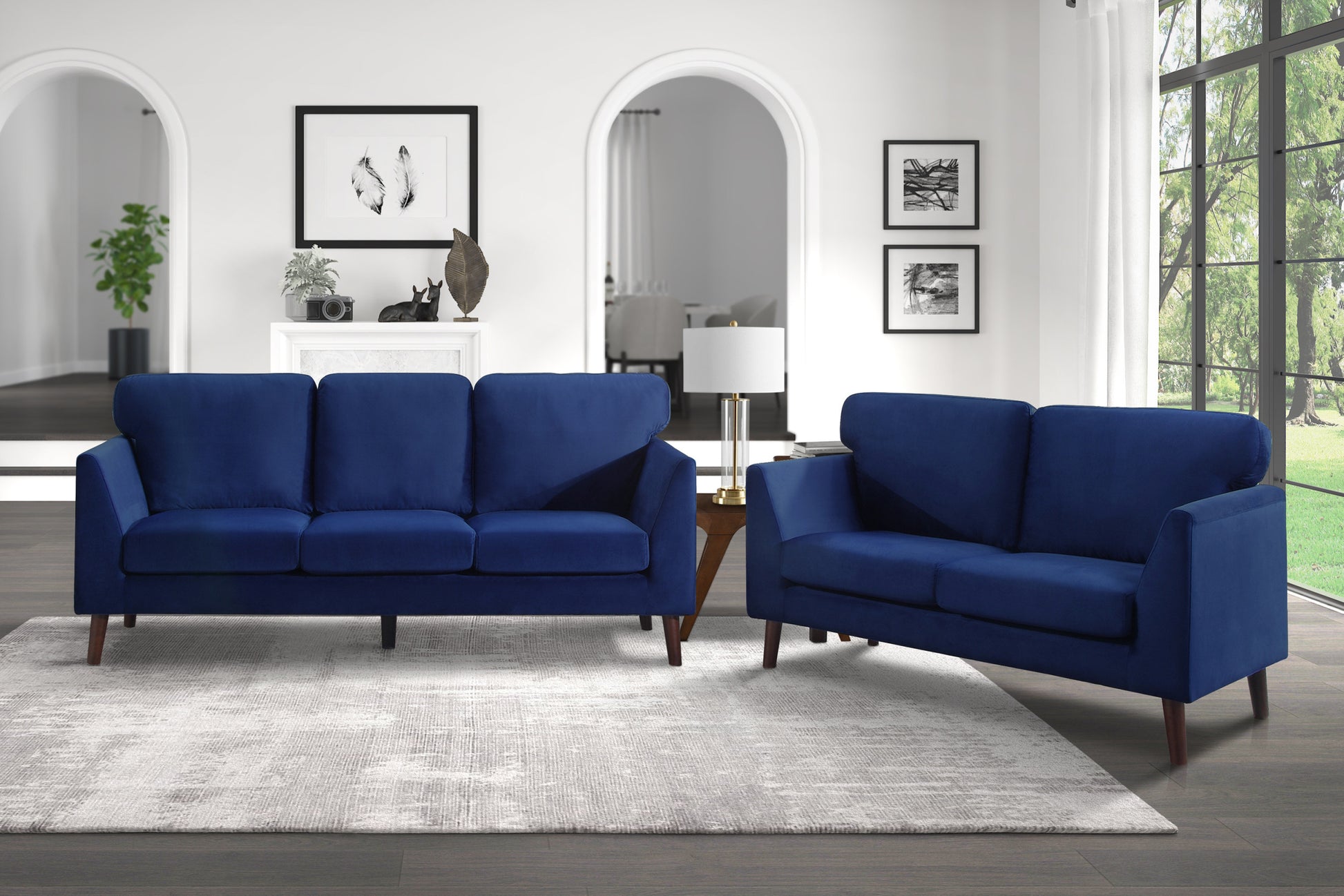 Modern Contemporary Living Room 1Pc Sofa Blue Velvet Upholstery Dark Brown Legs Solid Wood Furniture Blue Velvet Wood Primary Living Space Modern Solid Wood 3 Seat