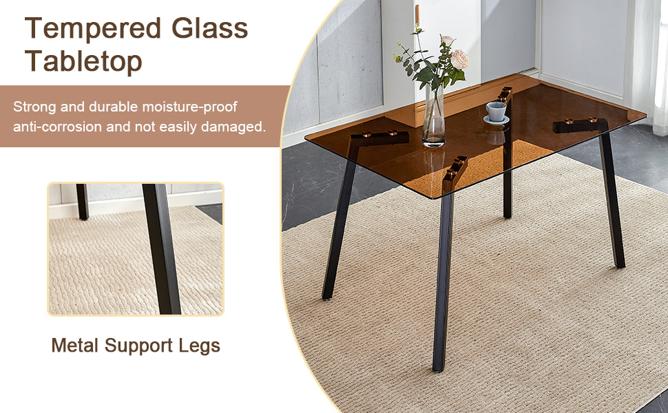 Table And Chair Set.Large Modern Rectangular Table With Brown Glass Top And Silver Metal Legs. Paired With 4 Dark Gray Chairs With Soft Linen Fabric Cushions And Black Metal Legs. Dark Gray,Silver Seats 4 Glass Metal