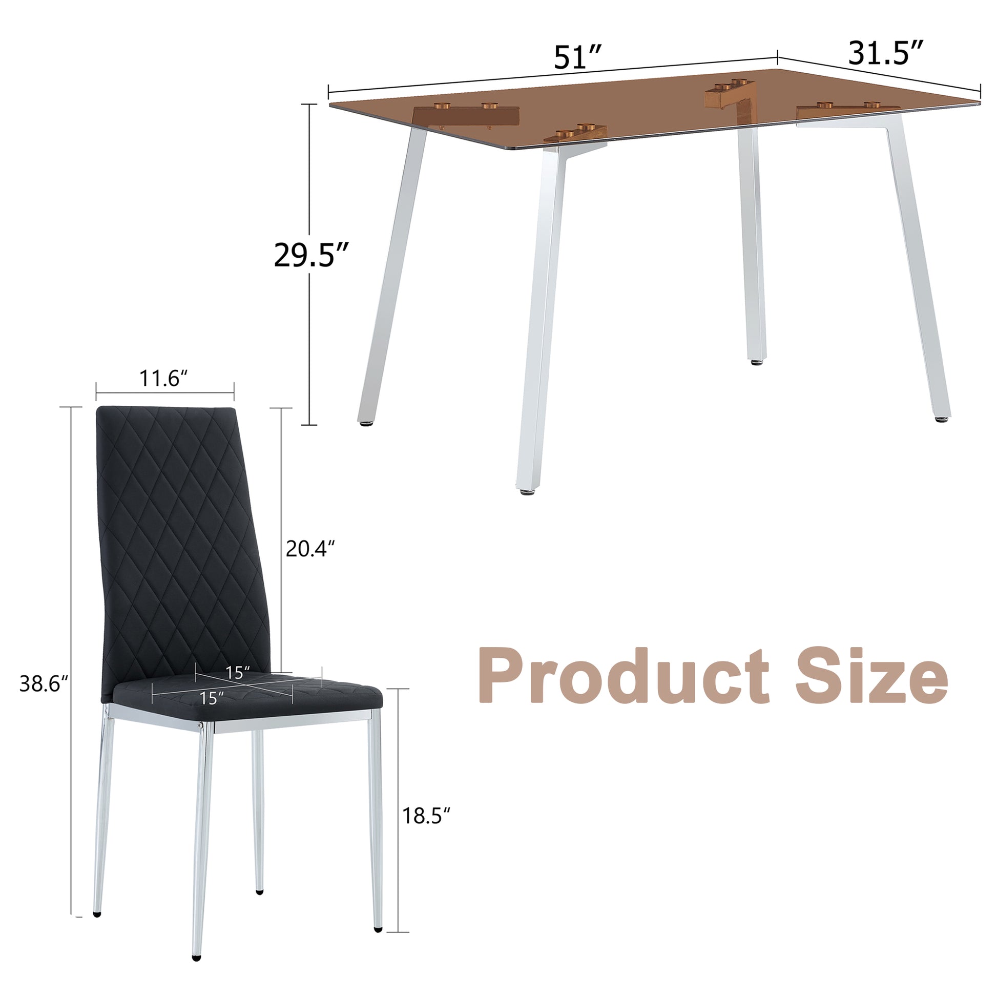 Table And Chair Set.Large Modern Rectangular Table With Brown Glass Top And Silver Metal Legs. Paired With 4 Black Chairs With Checkered Armless High Back Pu Cushion And Silver Metal Legs. Black,Silver Seats 4 Glass Metal
