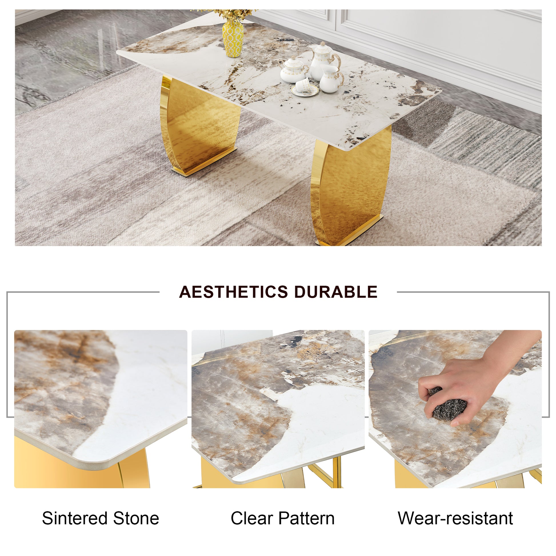 Table And Chair Set, Rock Plate Table Top, Gold Metal Table Legs, Stable And Beautiful, Suitable For Most Home Styles. Modern Simple Dining Table, Comfortable Seating. Grey Gold Seats 4 Sintered Stone