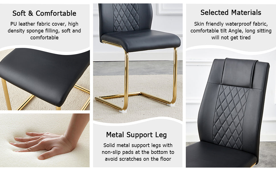 Table And Chair Set.Modern Rectangular Dining Table With Transparent Tempered Glass Tabletop And Gold Plated Metal Legs.Paried With 6 Comfortable Chairs With Pu Seats And Golden Metal Legs. Black Gold,Transparent Seats 6 Glass Metal