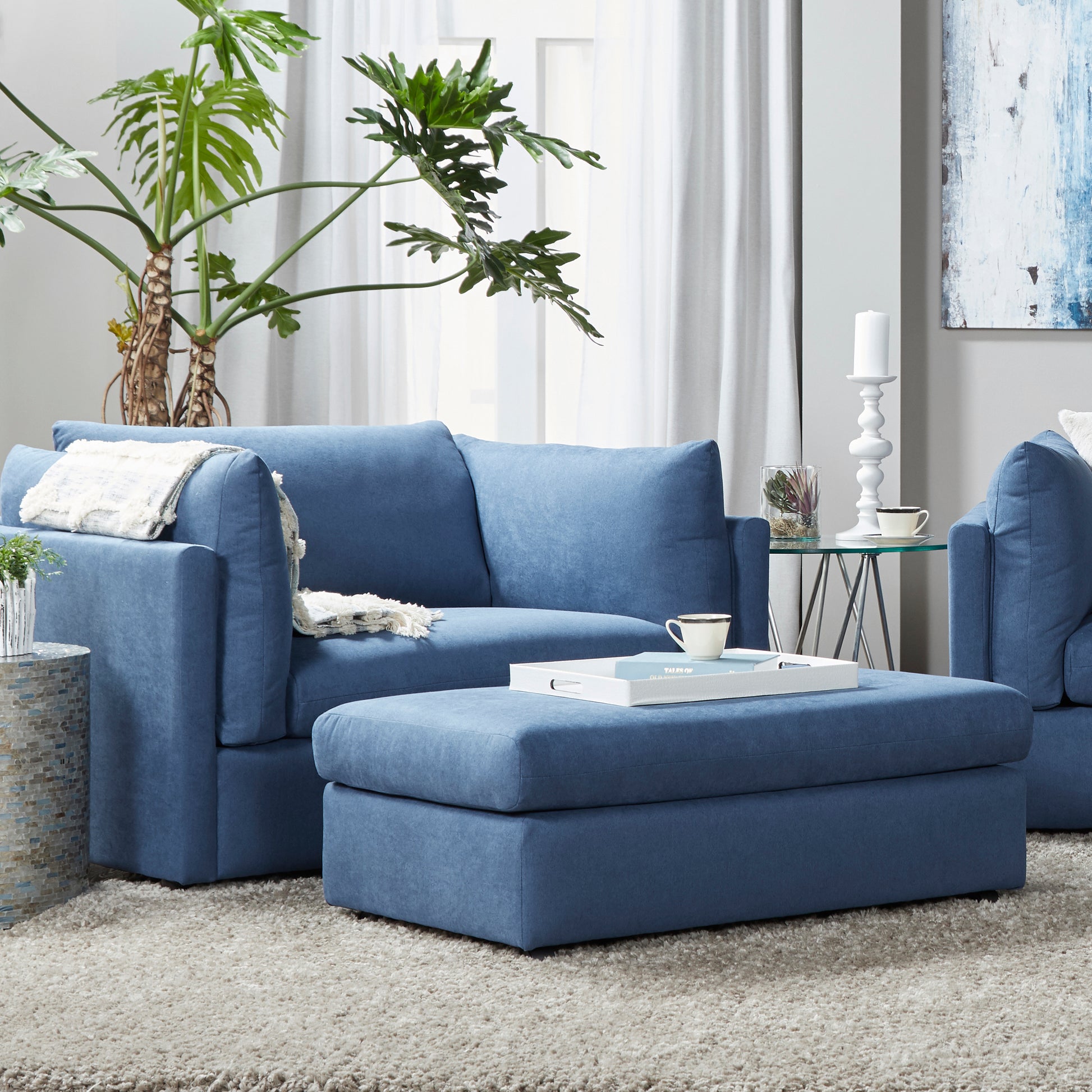 Enda Oversized Living Room Pillow Back Cuddler Arm Chair With Ottoman Blue Fabric