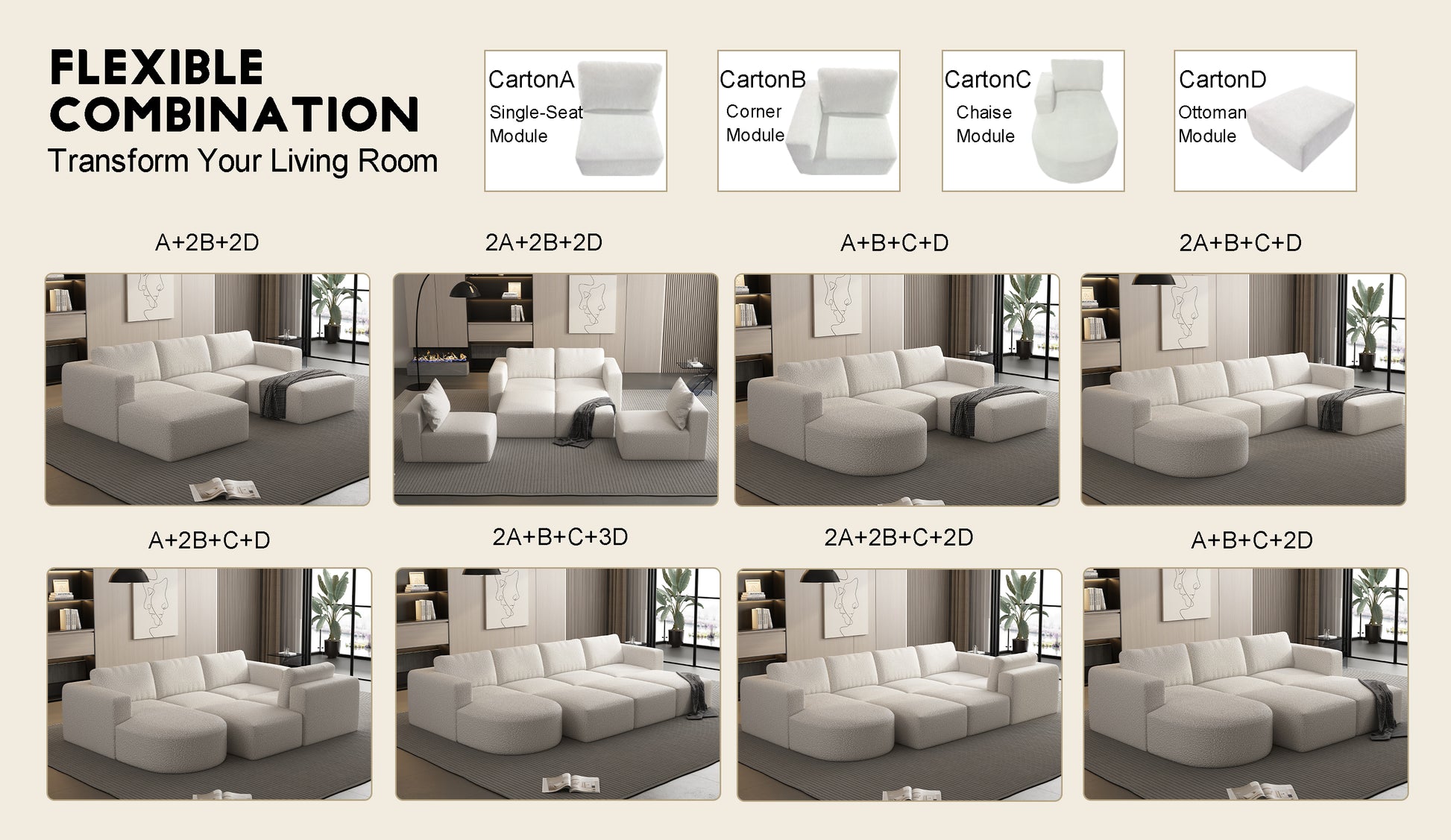 133.84*70.86 Modular Sectional Sofa Sleeper Couch, Sectional Sofa With Chaise And Ottoman, Convertible U Shaped Modular Sofa Set. Compressed Sponge, White. Combo 2A B C D White Primary Living Space Soft Minimalist,Modern Foam Spring 6 Seat