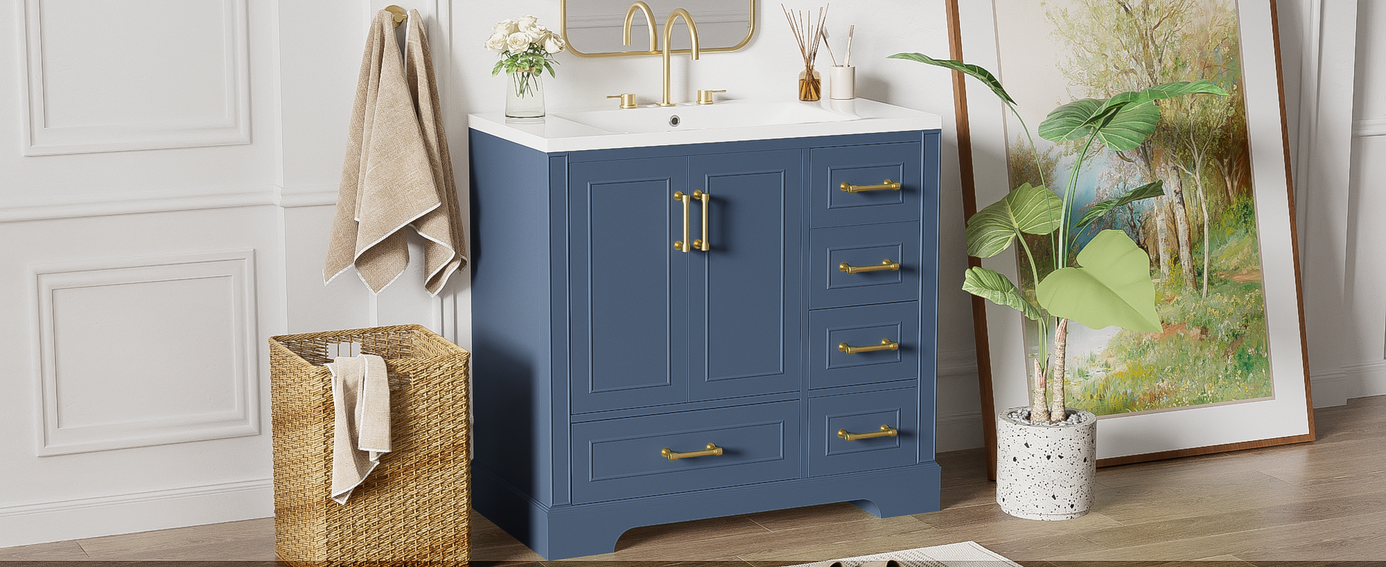 36 Inch Traditional Bathroom Vanity With Resin Sink Combo Set, Blue Bathroom Cabinet With Two Doors And Four Drawers Blue Bathroom Solid Wood Mdf Resin