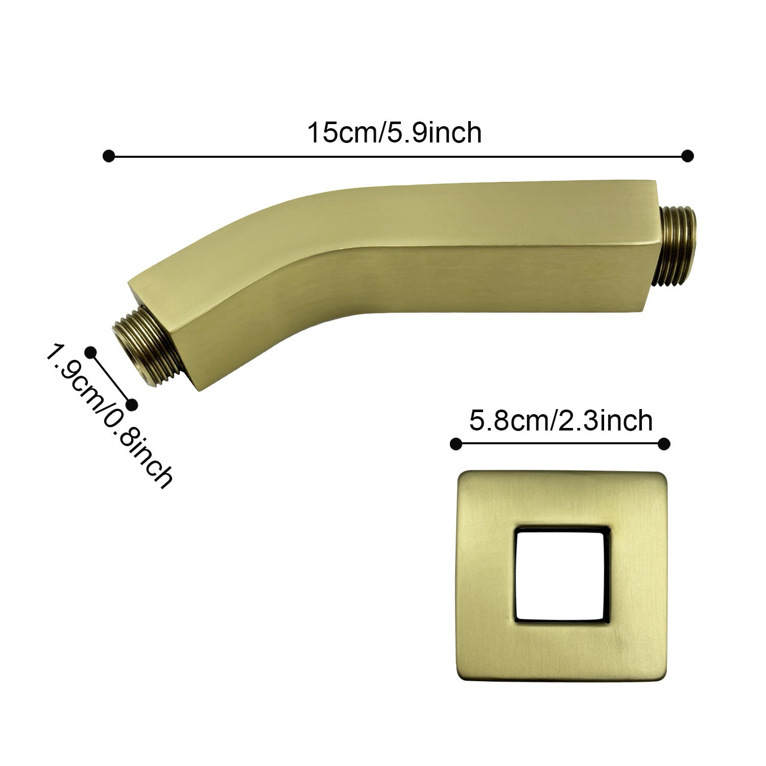 Square Shower Arm With Flange, 1 2 Npt Tapered Threads, Rain Shower Head Arm, Wall Mount Shower Extension Arm Brushed Gold Stainless Steel