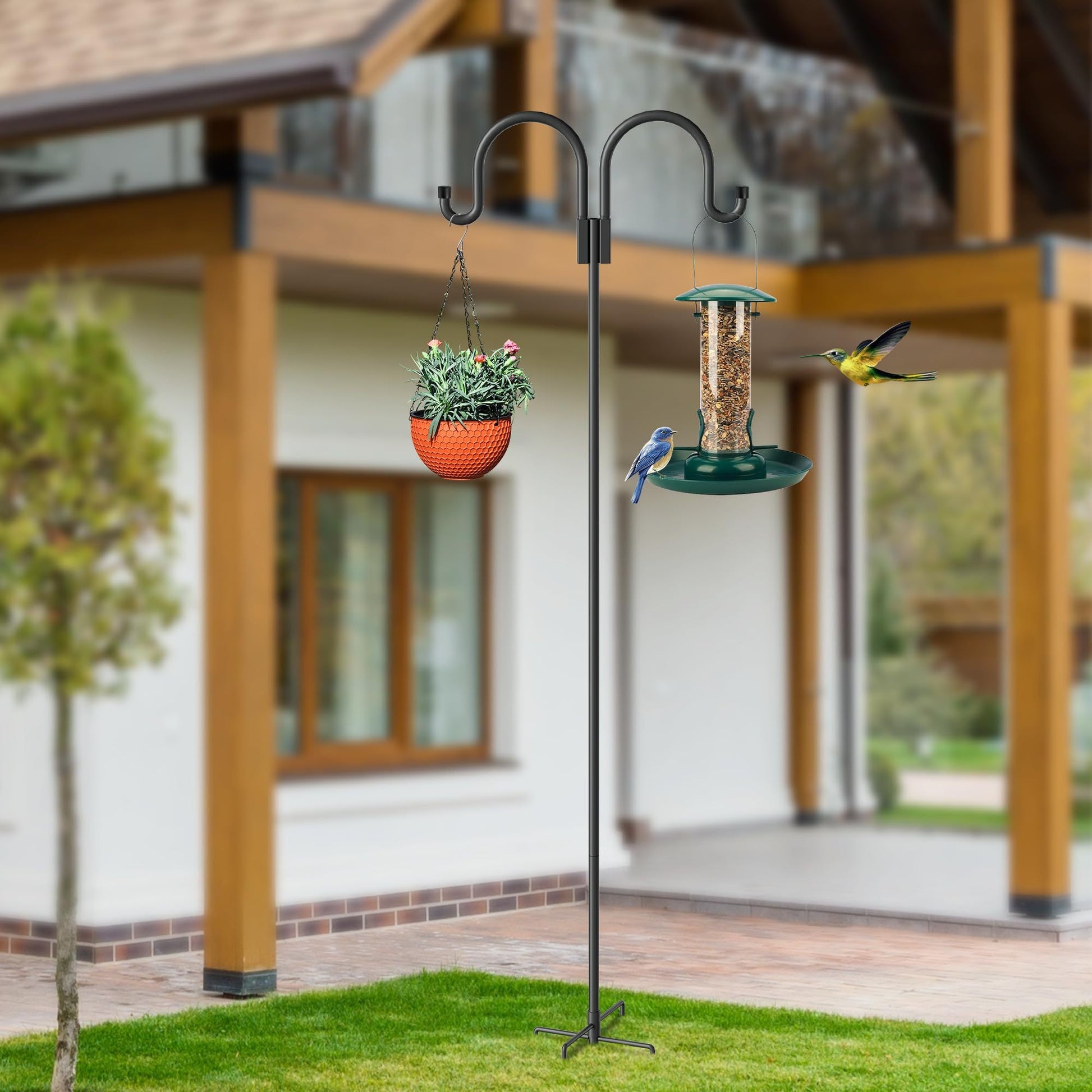 hooks to hang plants from fence Double Shepherd Hooks For Outdoor, 79 Inch Heavy Duty Bird Feeder Pole