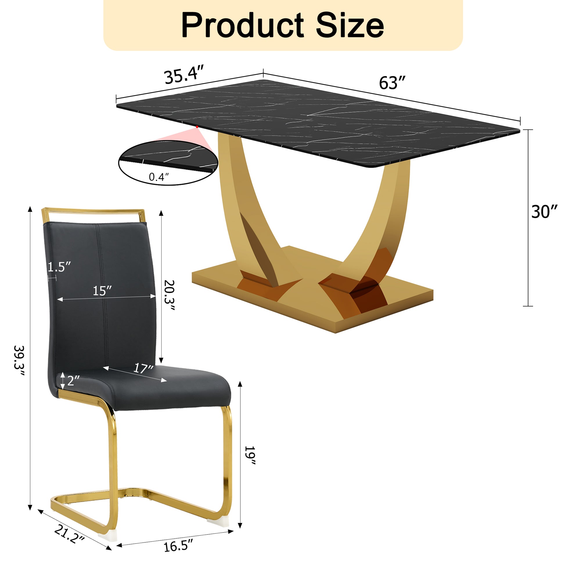 Table And Chair Set.Modern Rectangular Dining Table With Black Textured Stickers Glass Tabletop And Gold Plated Metal Legs.Paried With 4 Comfortable Chairs With Pu Seats And Golden Metal Legs. Black