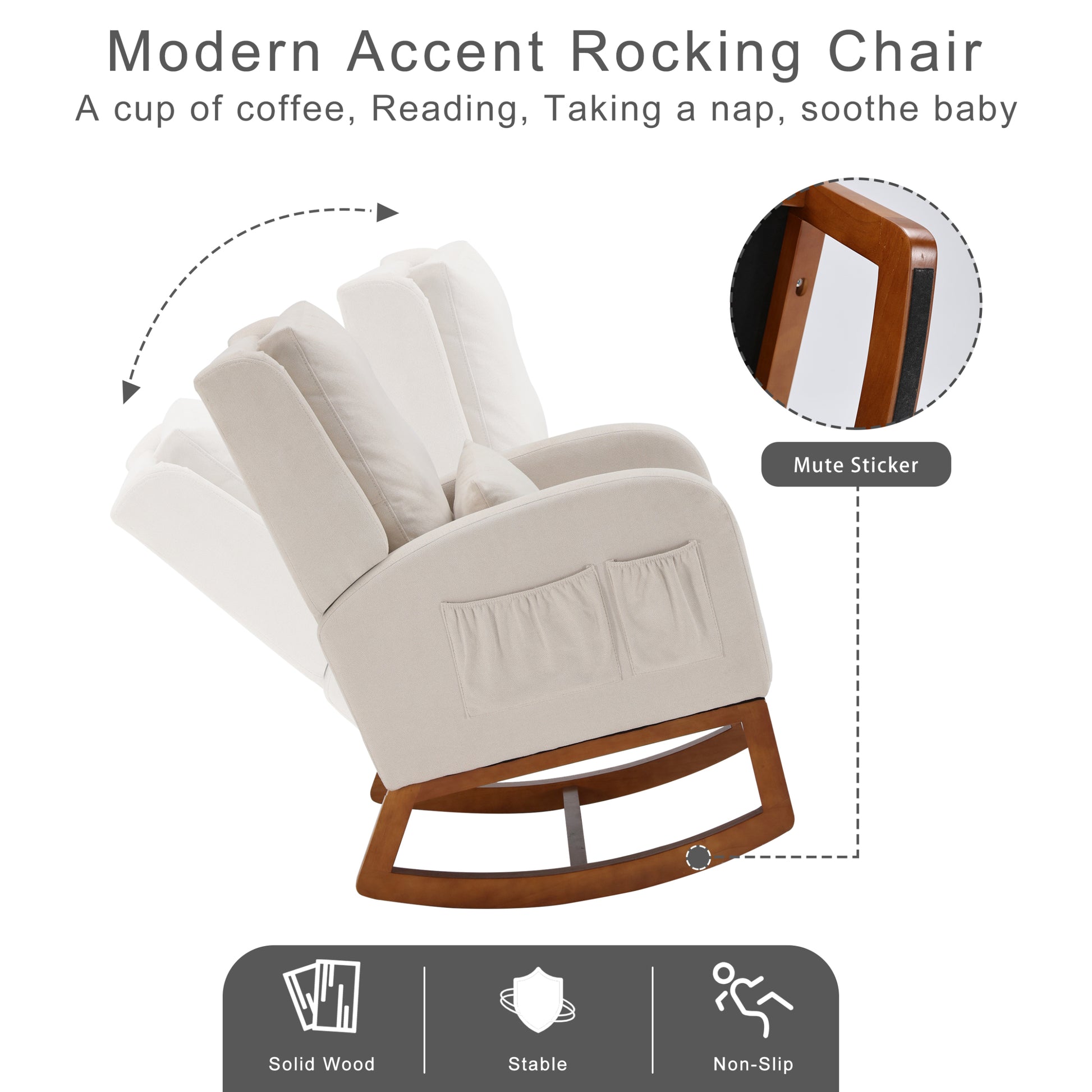 Modern Accent Rocking Chair, Nursery Glider Rocker Arm Chair W 2 Side Pockets, Rocking Chair Indoor For Living Room Bedroom Beige Rectangular Rocking Chairs Solid Back Wood Fabric
