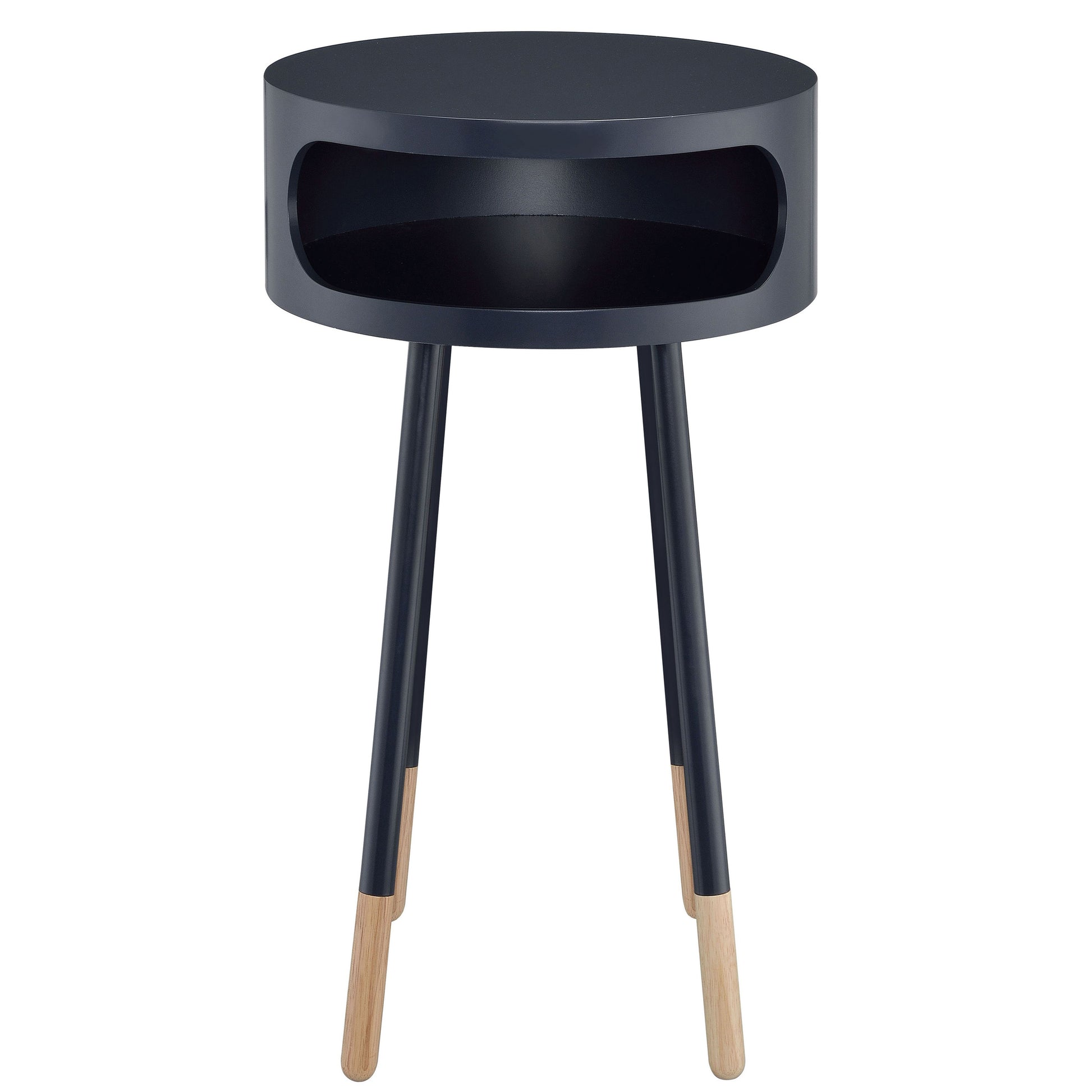 Black And Natural Round 1 Shelf End Table Black Natural Primary Living Space Contemporary Rubberwood Shelves Round Wood Metal