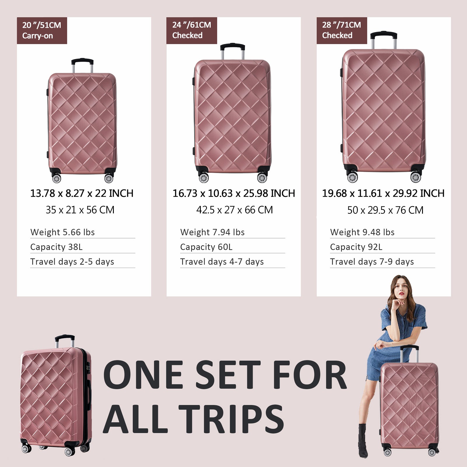 3 Piece Luggage Set Suitcase Set, ABS Hard Shell rose gold-abs