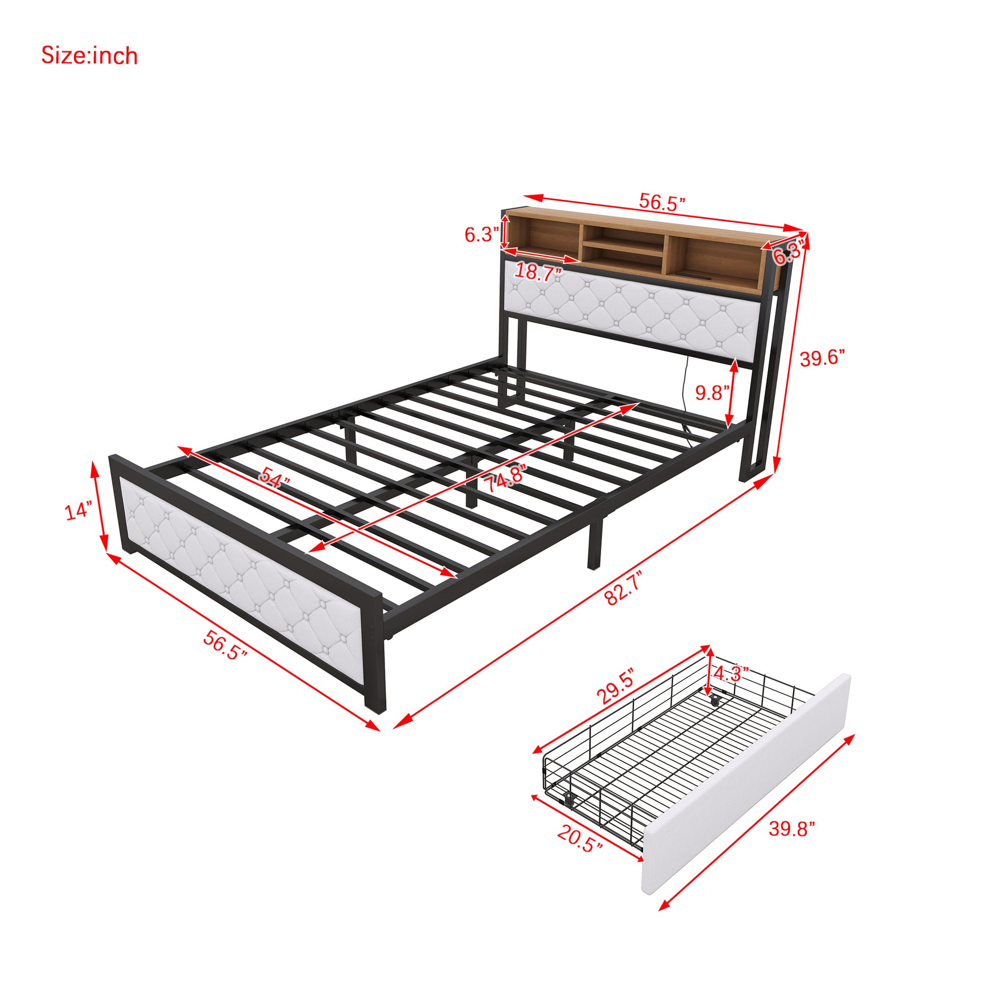 Metal Full Size Platform Bed With 4 Drawers, Upholstered Headboard And Footboard, Sockets And Usb Ports, White Full White Black Fabric Metal