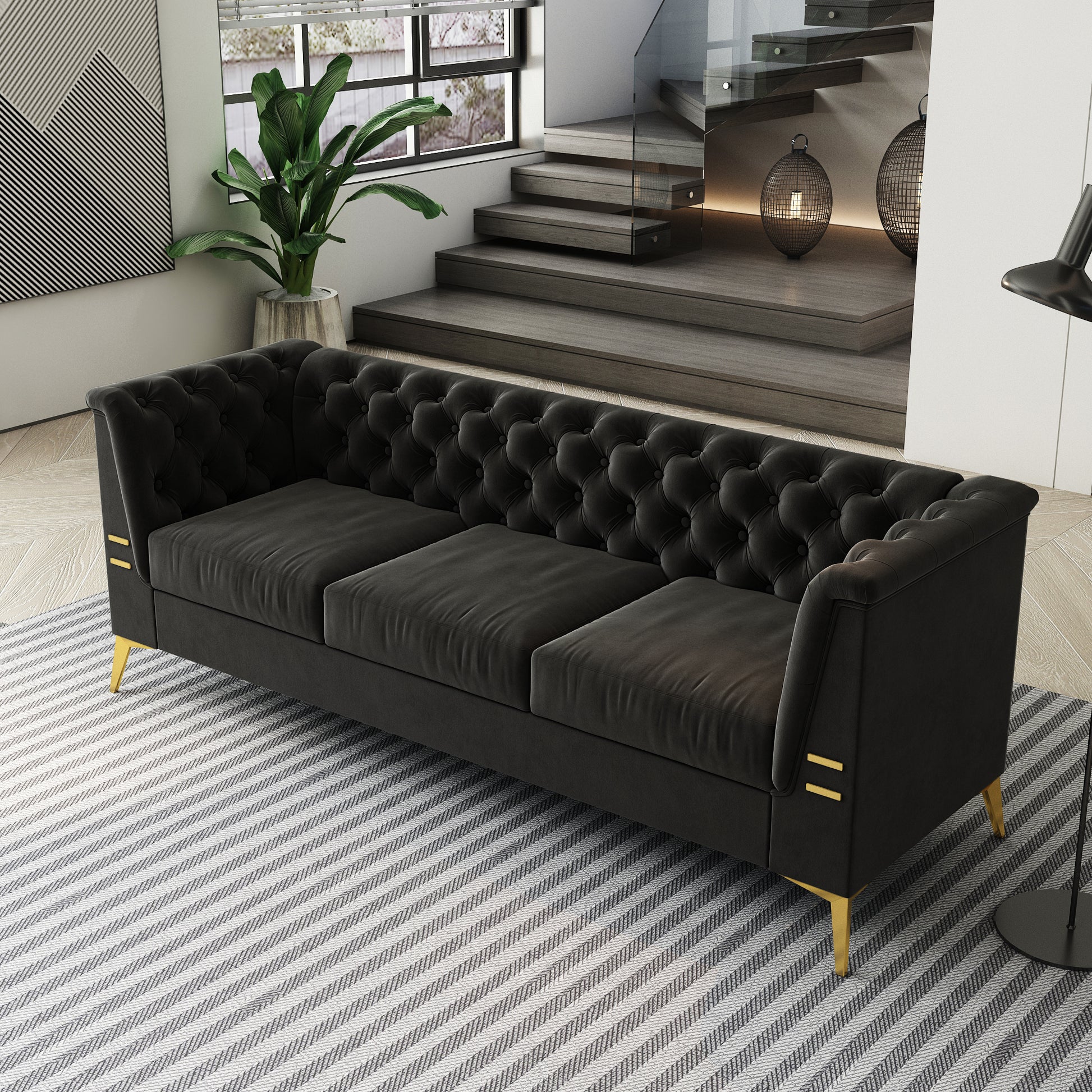 Fx P83 Bk2 Sofa Luxurious Black Velvet Sofa With Gold Legs Modern Chesterfield Design, Tufted Upholstery, 3 Seat Couch For Living Room And Office Black Velvet 3 Seat