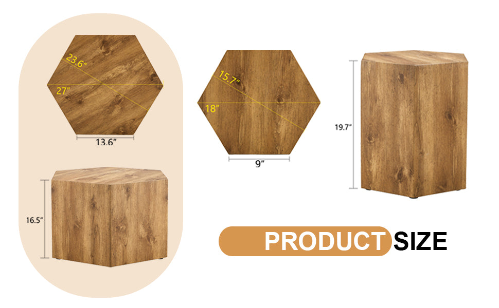 Modern Minimalist Set Of Two Hexagonal Wood Grain Mdf Coffee Tables.Modern Mdf Coffee Table, With Complex Texture Patterns, Style And Texture Coffee Table To Redefine Your Interior Decoration. Wood