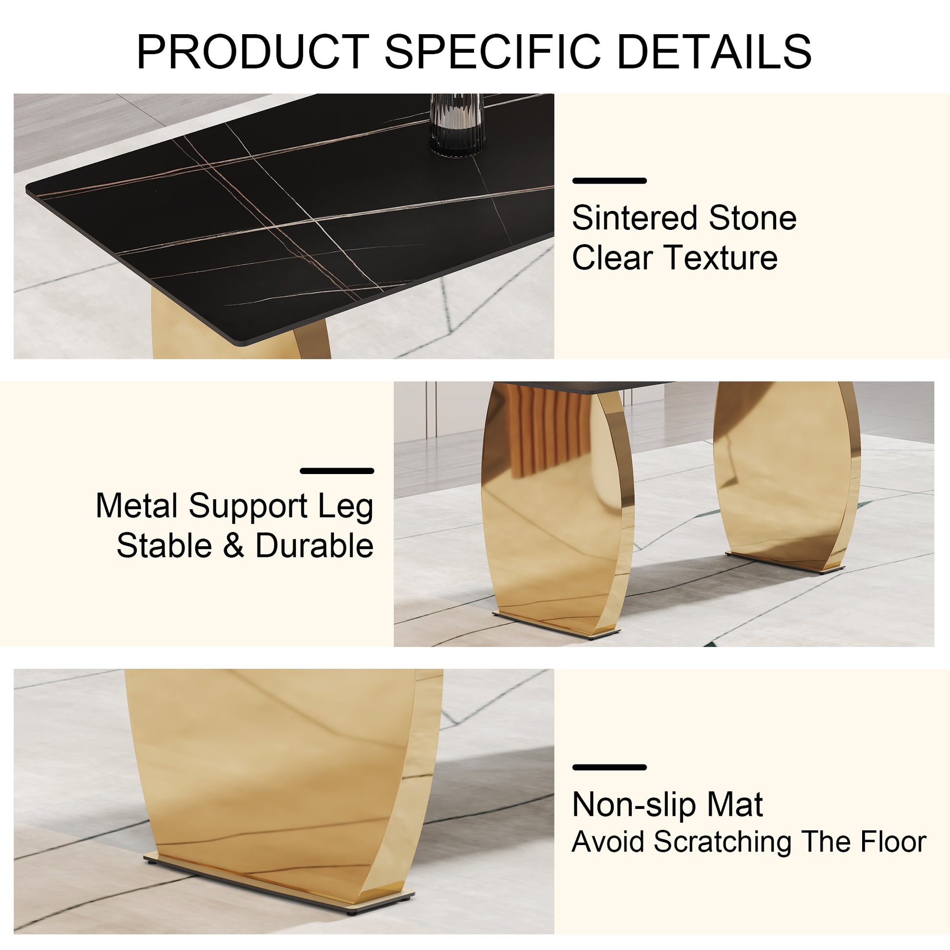 Table And Chair Set,Modern Rectangular Table With 0.4 Inch Black Patterned Tabletop And Gold Legs, Suitable For Kitchen, Dining Room, And Living Roomcomfortable Pu Seats,Perfect For Dinner, Meet Grey Black Seats 6 Sintered Stone