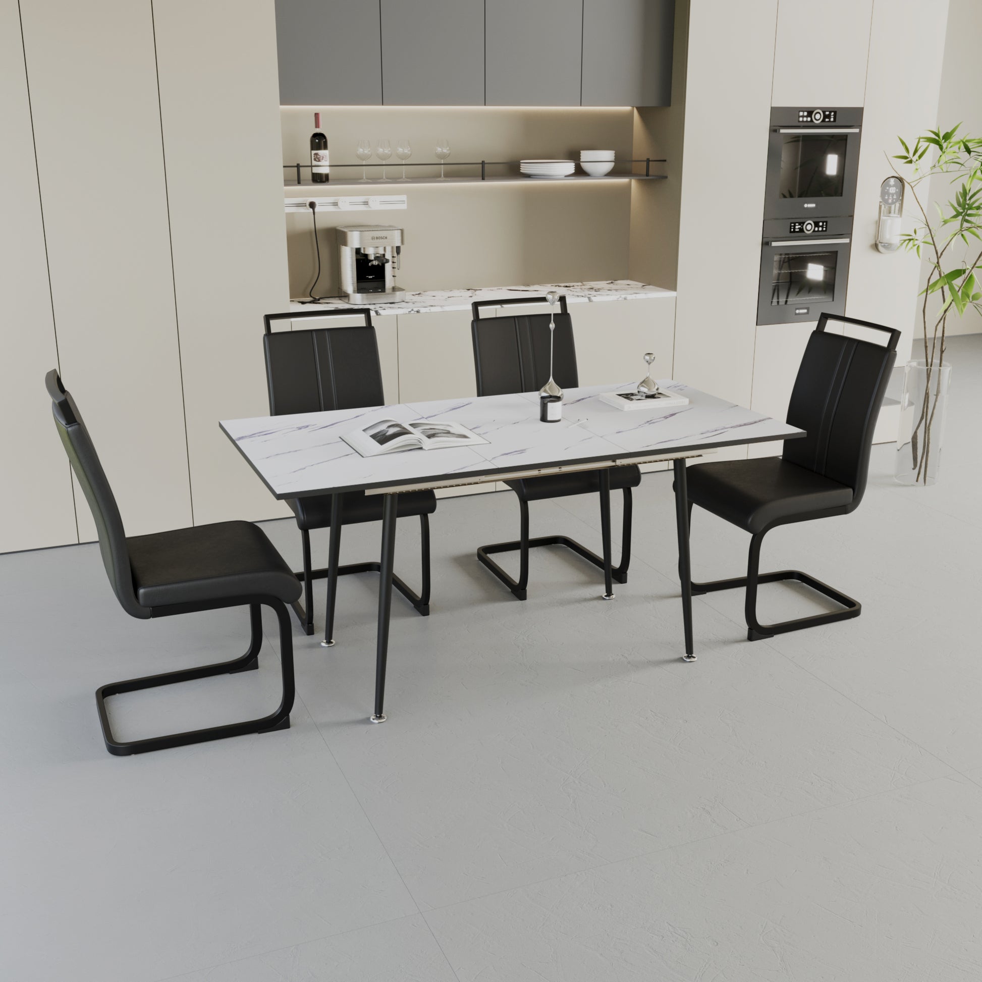 An Expandable Dining Table Set For 2 6 People, Equipped With A C Shaped Tubular Cushioned Armless Dining Chair And An Elegant And Spacious Dining Table Kitchen Table And Chair Set, With Metal Legs Black White Mdf