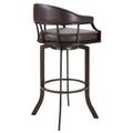 Nuf 30 Inch Swivel Barstool Armchair, Curved Round Back, Brown Faux Leather Black Brown Fabric Metal