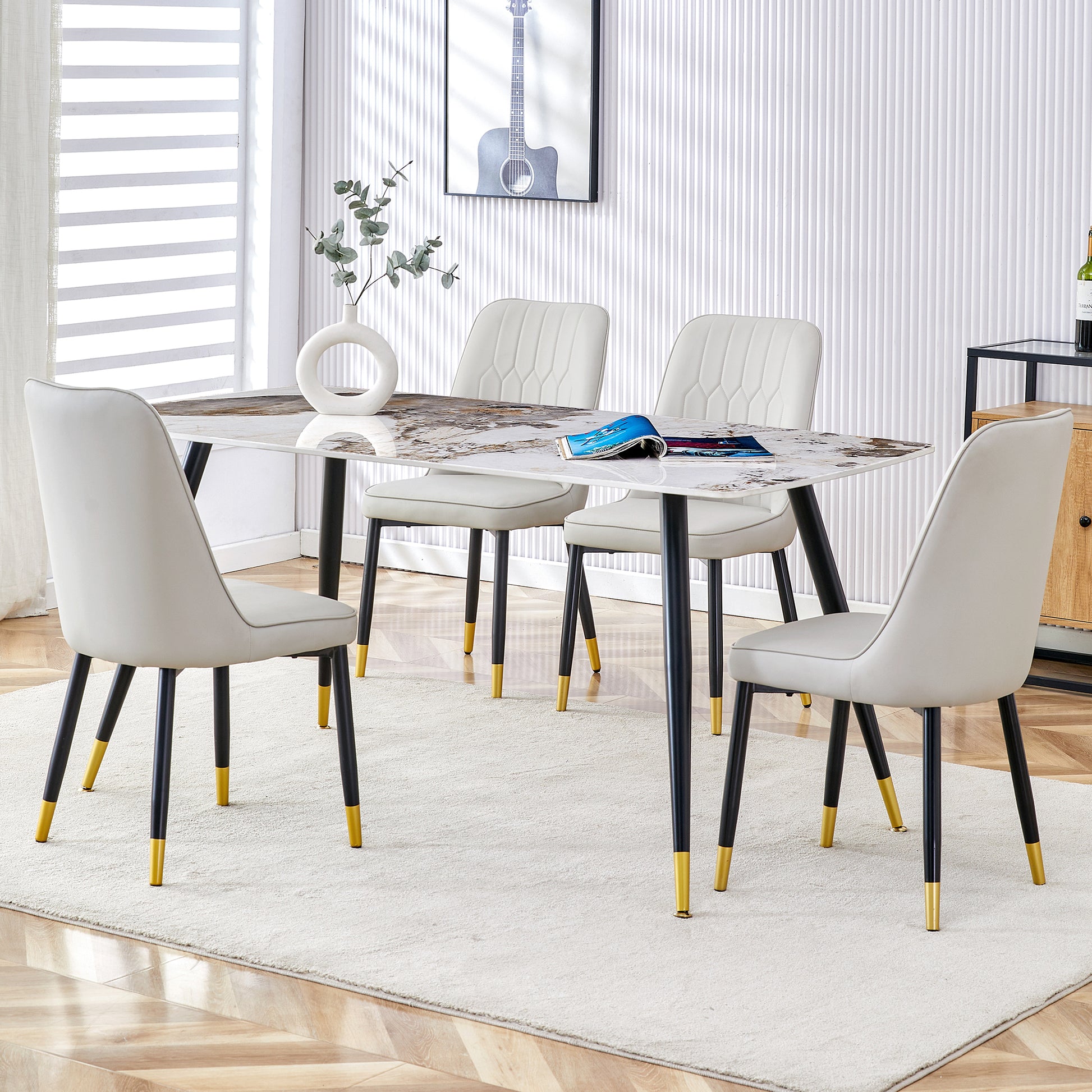 Modern Minimalist Dining Table. Imitation Marble Patterned Stone Burning Tabletop With Black Metal Legs.Modern Dining Chair With Pu Artificial Leather Backrest Cushion And Black Metal Legs.F 001 C 007 Black Gold Sintered Stone