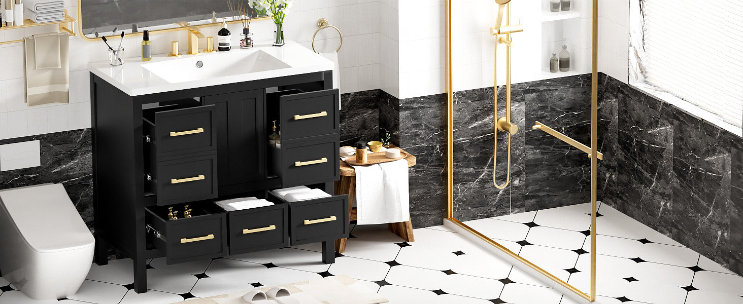 36'' Bathroom Vanity With Resin Sink Combo, Solid Wood Frame Bathroom Storage Cabinet, Freestanding Vanity Set With 5 Drawers& Soft Closing Doors Same As N710S136002B Black Bathroom Solid Wood Mdf Resin