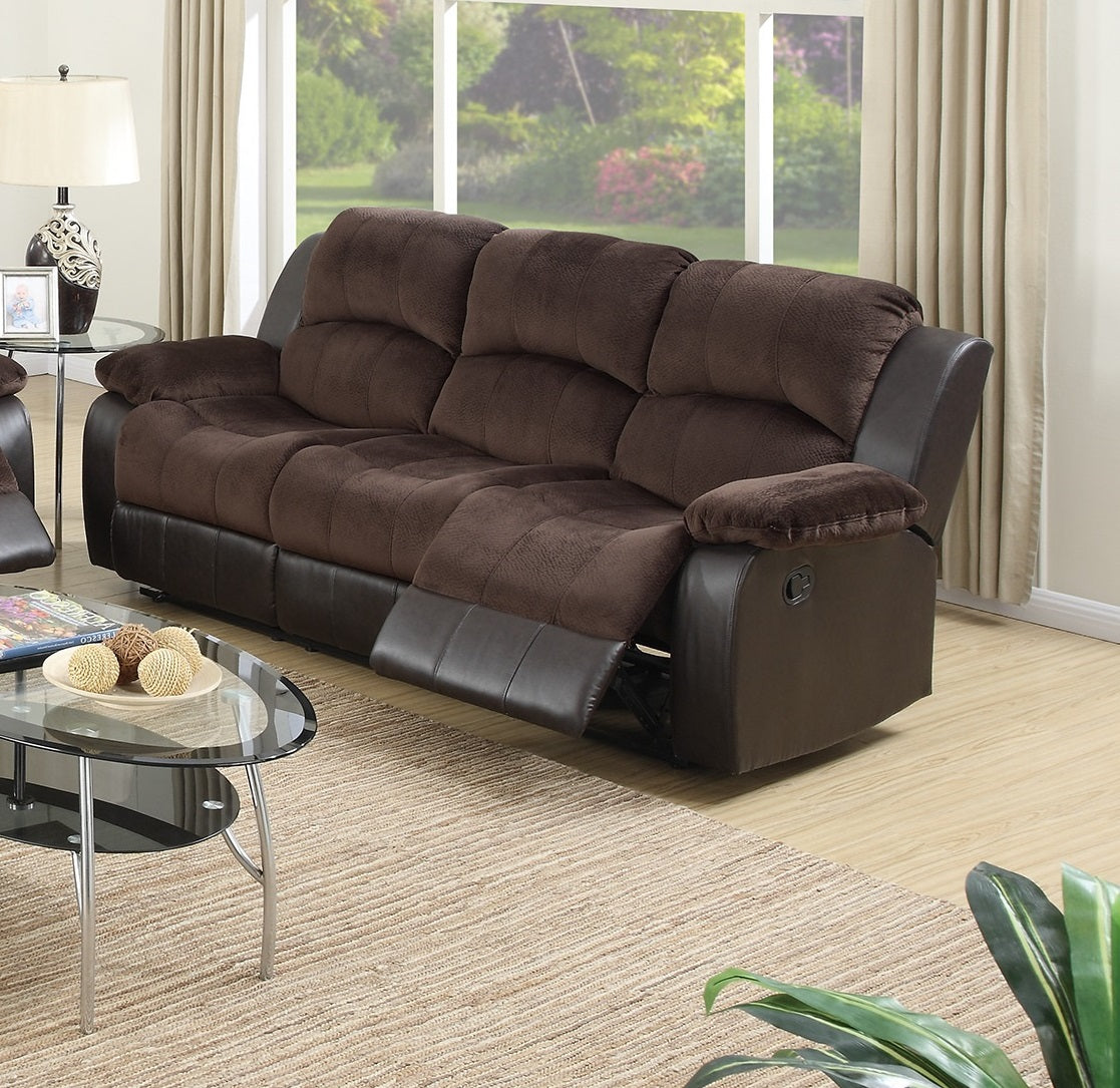 Motion Sofa 1Pc Living Room Furniture Chocolate Padded Suede W. Faux Leather Plush Cushion 3 Seat Couch Chocolate Suede Metal Primary Living Space Contemporary Pillow Top Arms Bonded Leather 3 Seat