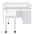 Full Size Loft Bed With Retractable Writing Desk And 4 Drawers, Wooden Loft Bed With Lateral Portable Desk And Shelves, White Full White Solid Wood Mdf