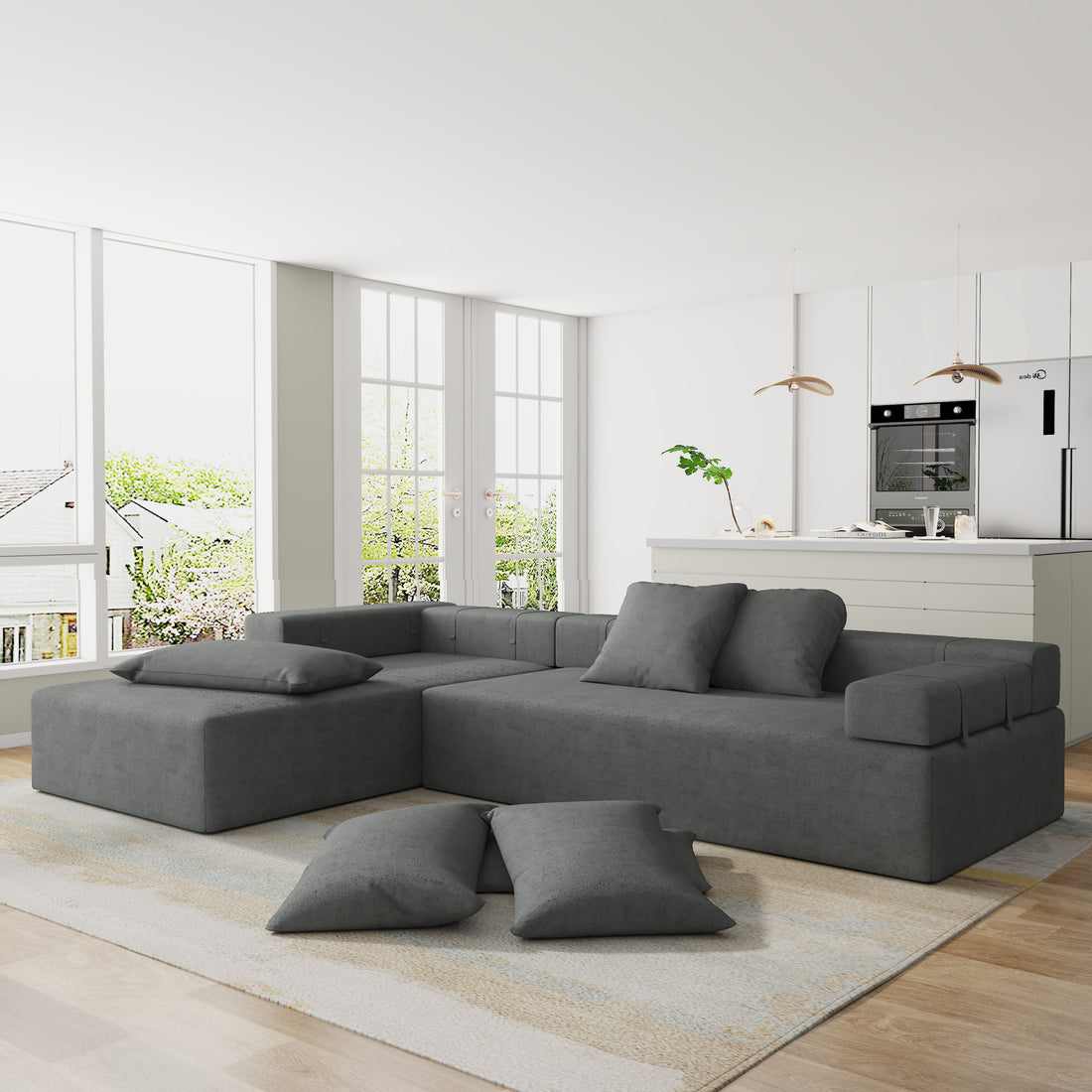 Modern Upholstered Sectional Sofa Couch Set,Modular 108" L Shaped Sectional Living Room Sofa Set With 6 Pillows,Free Combination Sofa Couch For Living Room,Bedroom Left Chaise Grey Foam Chenille 3 Seat