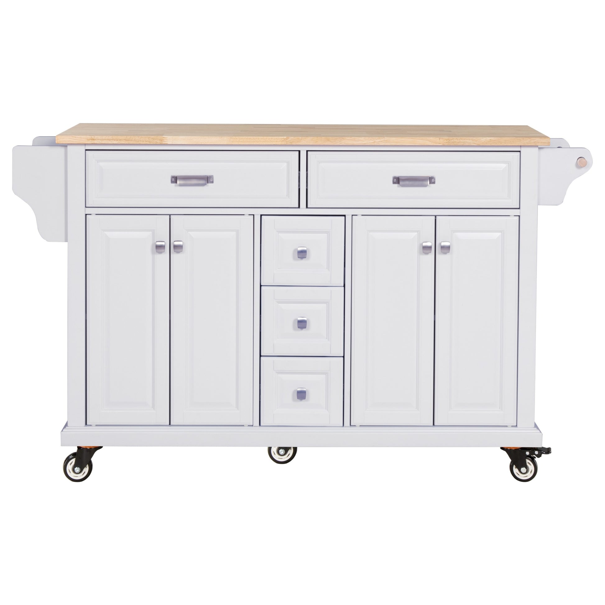 Kitchen Island With Rubber Wood Countertop, Kitchen Cart On 5 Wheels With Storage Cabinet And 5 Drawers For Dinning Room, White White Dining Room Rectangular Rubberwood Solid Wood Mdf Large 56 In