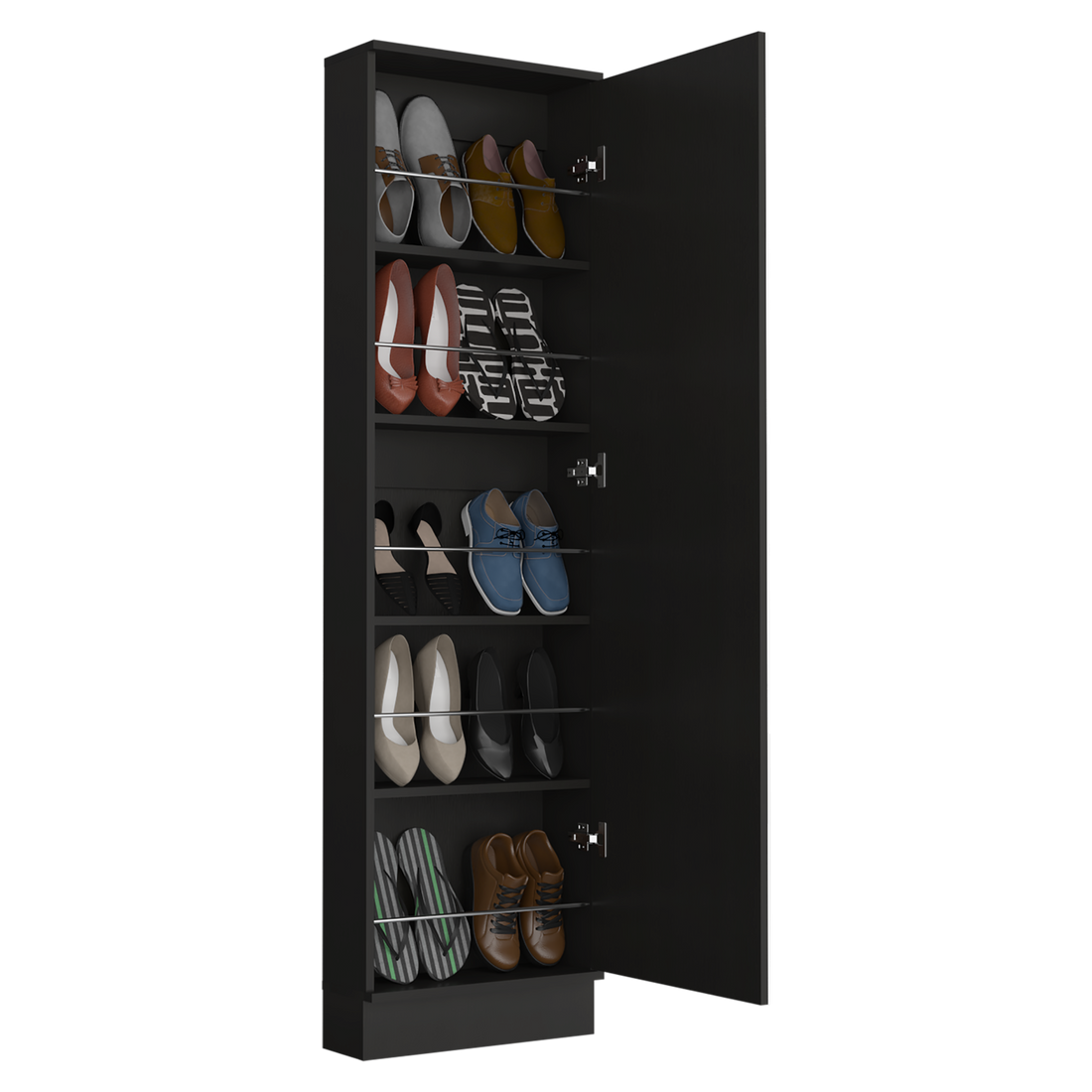 Shoe Rack 67" H, Five Internal Storage Shelves, A Mirror, A Door, Approximate Capacity Of 10 Pairs Of Shoes, Black Black Particle Board Particle Board